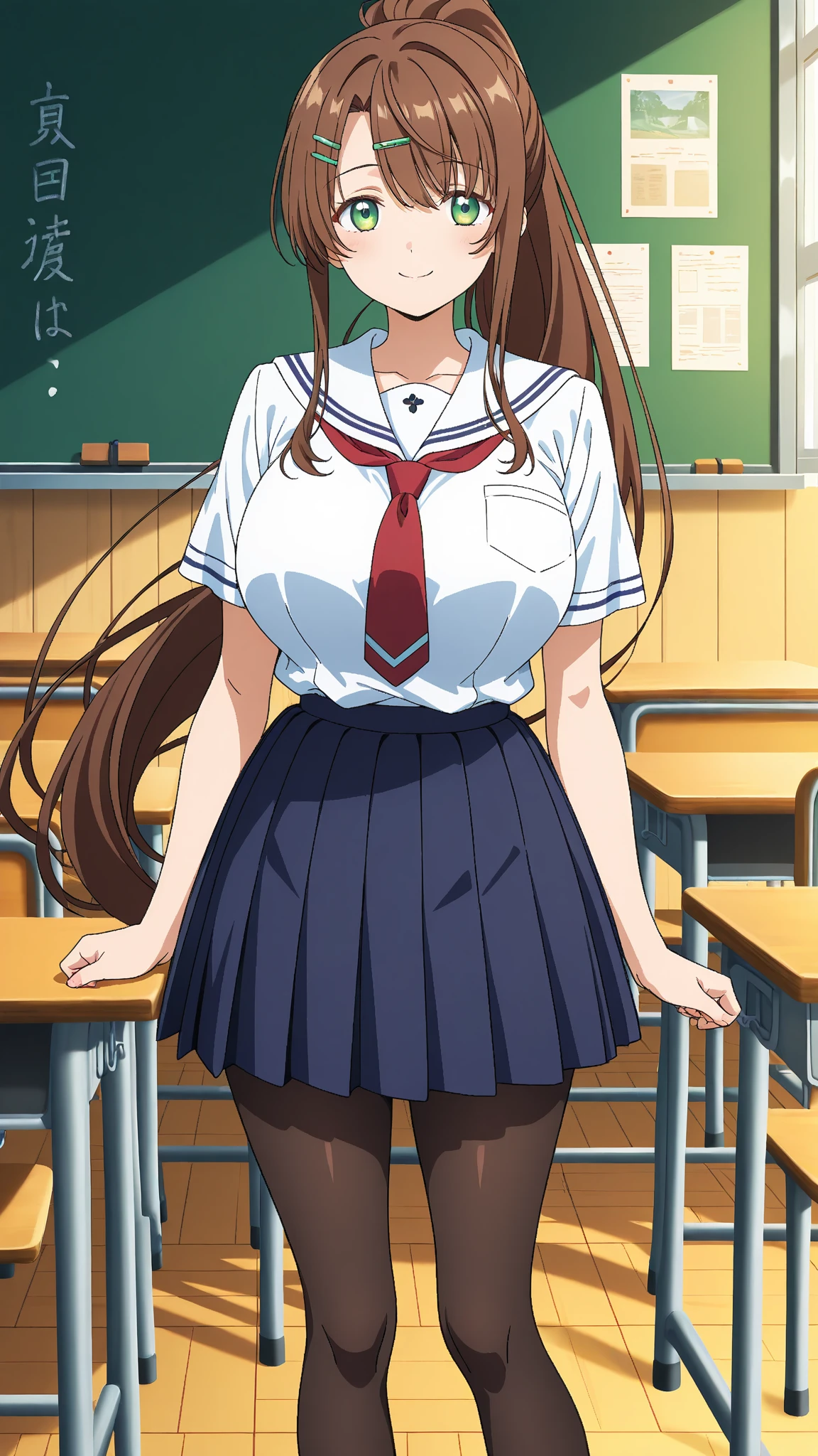 Sailor uniform,  very Huge tits Busty, best quality, (masterpiece:1.2), highly detailed, 1girl, kotegawa nanaka, looking at viewer, slight smile, open mouth, brown eyes, long hair, indoor, classroom, close up butt, close up pussy, view from back, looking back