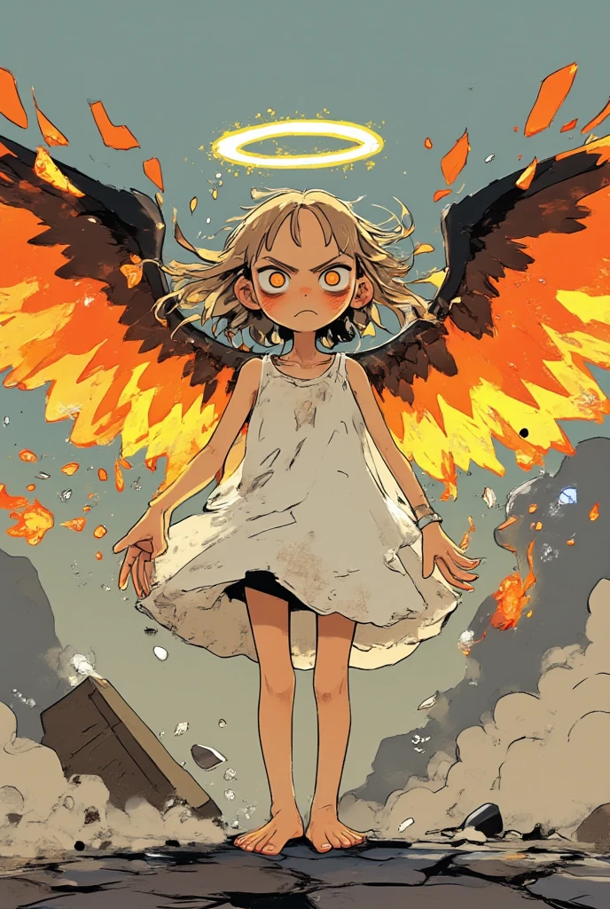 cartoon angel drawn with big eyes and a strong expression of defeat, 翼がオレンジやred、Yellowの炎で燃えており、the tips of the feathers are black and burnt,angry face and fist,The ring on the head is slightly tilted and burnt feathers and ash are dancing,eyes are big and sharp like a cat,Thick Line,bright color,Yellowやオレンジのグラデーション,white dress but there are a few soot stains,Korean twin sisters of kindergarten children who are slender and have long legs,in the background,effects and poison gas and smoke、signs showing danger,The character has large faces and limbs、emphasizes thinness,over,color is black on the cobblestones、Yellow、red、White as the base color,and dynamic movement poses,intimidating, High Contrast Illustration , vector style drawing ,high quality work,VECTOR ART,Digital Illustration,digital art illustrations to show consciously, Profile Artwork