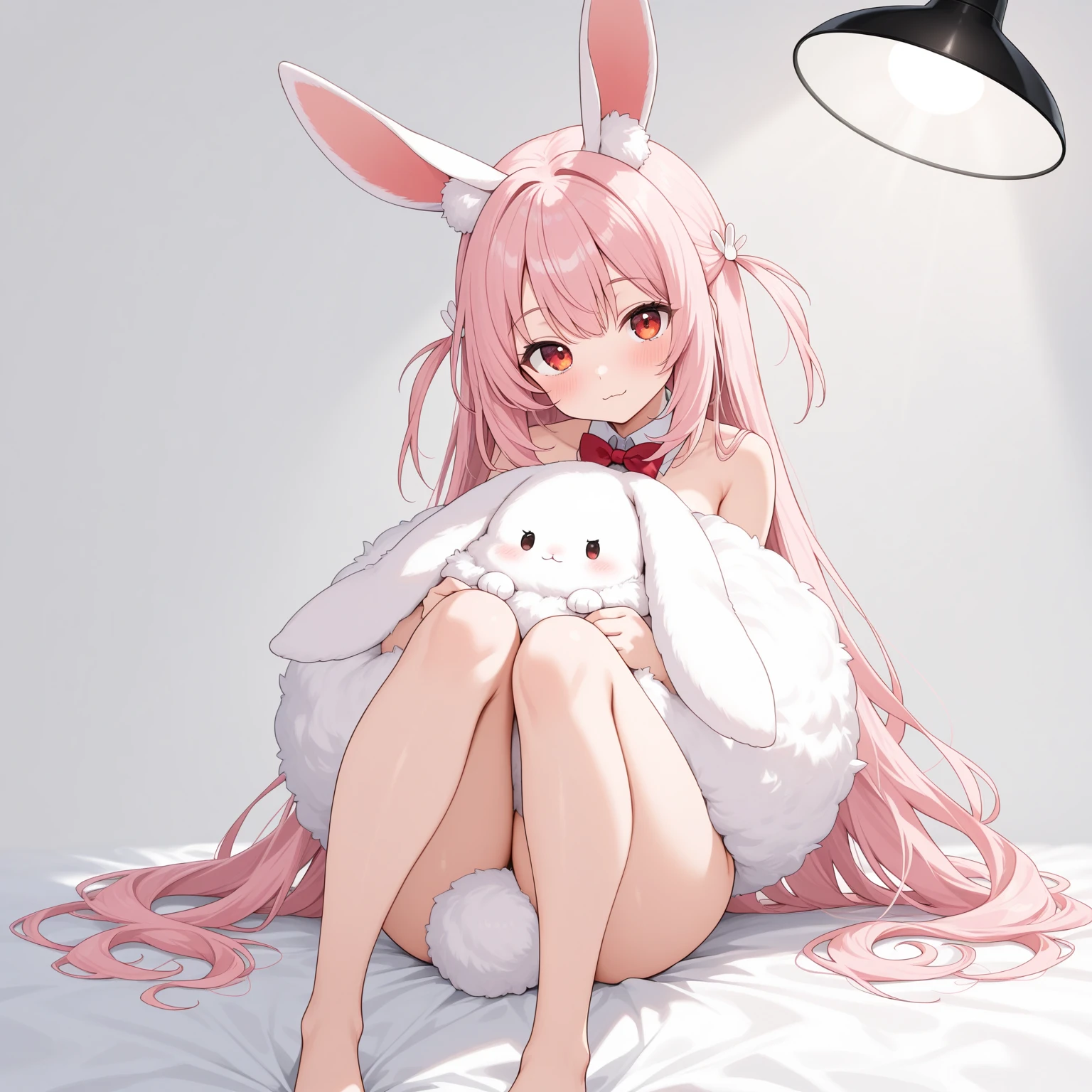 Close-up,Highest quality, Ultra Detail, High-quality CG rendering, The most delicate and beautiful, Floating softly, High resolution, (1 girl), (Highest quality,4K,8k,masterpiece:1.2) ,Light purple hair,(Rabbit ears:1.5),(Long Hair:1.4),Red eyes,(Completely naked:1.5),room,Upper Body,(Collapsed in bed:1.5),Defeated,,(Slightly larger breasts:1.2),Sleep,Are sleeping,(Turn your back to your audience:1.3),Butt