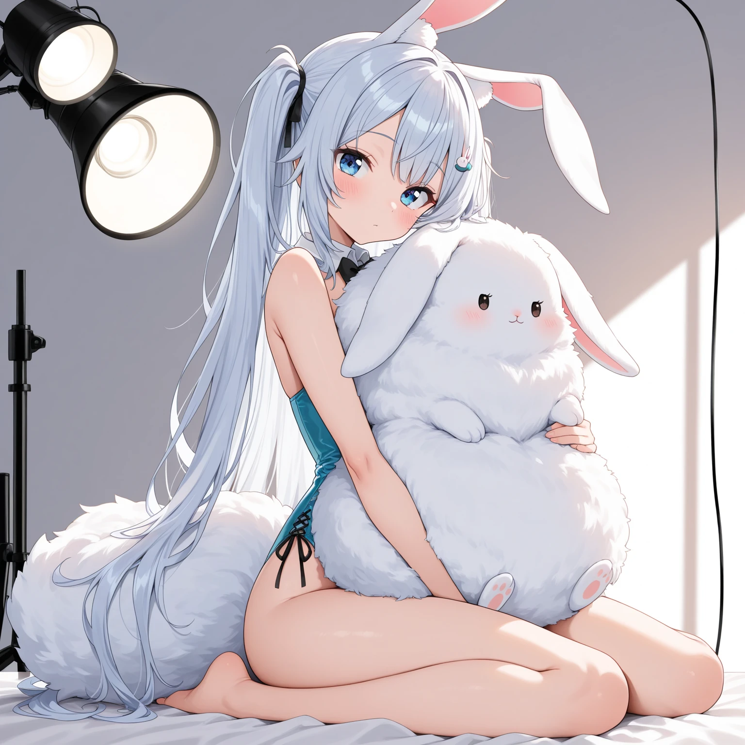 Cheerful bunny girl, see-through attire, white bunny, caring smile, reverse bunny, holding a huge stuffed toy, lie on back, on the japanese