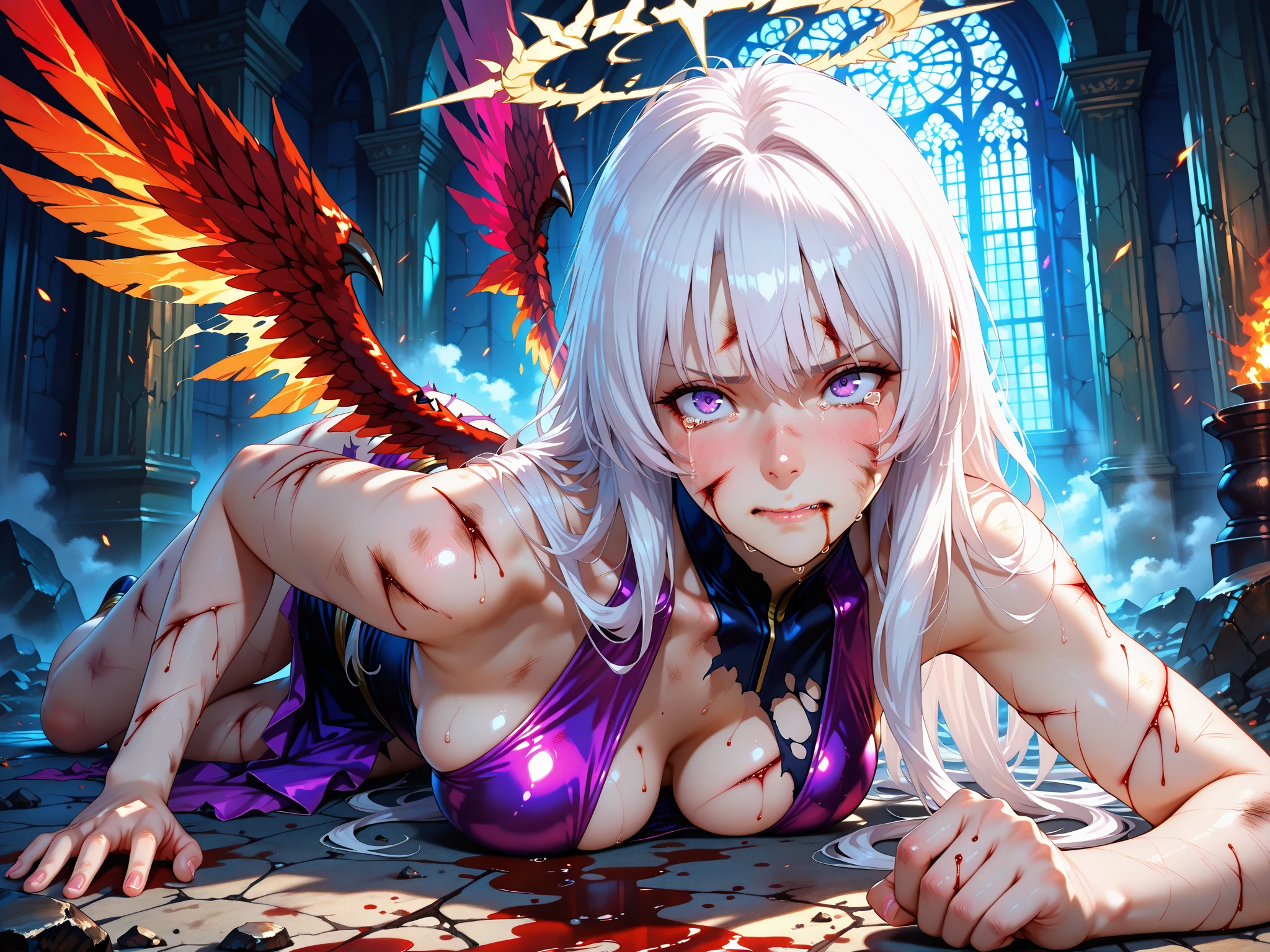 Jibril, upper body, blushed, perfect anatomy, detailed eyes, detailed lips, extremely detailed eyes and face, vivid colors, sharp focus, bra, masterpiece:1.2, ultra-detailed, bra, blushed, (((blood, blood on face, tortured))), ((peeing self)), (solo)