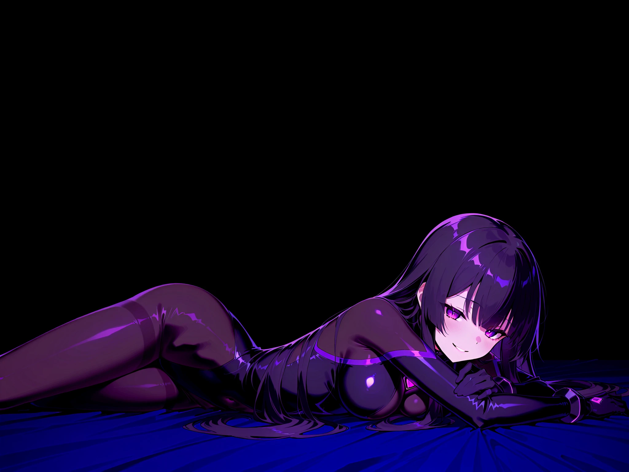 Masterpiece, Beautiful art, professional artist, 8k, art style by sciamano240, Very detailed face, Detailed clothing, detailed fabric, 1 girl, Soul Fullness \(Honkai Impact 3rd\), View from above, sitting on the floor with legs crossed, perfectly drawn body, shy expression, 4k eyes, very detailed eyes, pale skin, beautiful face, short dark blue hair, (shiny black tight bodysuit), black gloves, gloves that cover hands, Sensual Lips , evening de invierno, show details in the eyes, looking at the viewer, Dark road, dark forest, evening, Atmosphere, fog