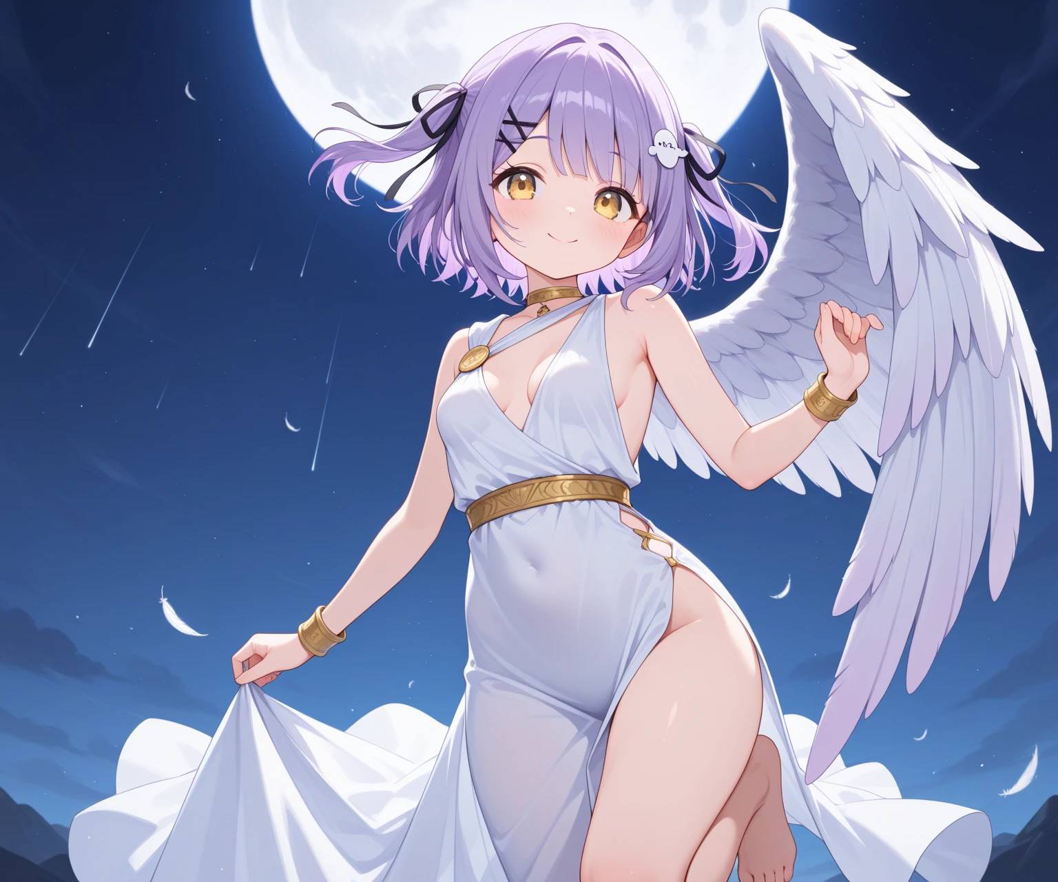 masterpiece, 1girl, nepdef1, godlike, best quality, illustration, ultra-detailed, 1girl, looking at camera, full body view, detailed hair white flowers, ultra detailed matching purple eyes, full very skimpy wedding dress, cleavage, stunning full background, standing, perfect body, <lora:nepu1-000013:1>, short hair, cute, kawaii, shiny skin, smile, angel wings, sexy
