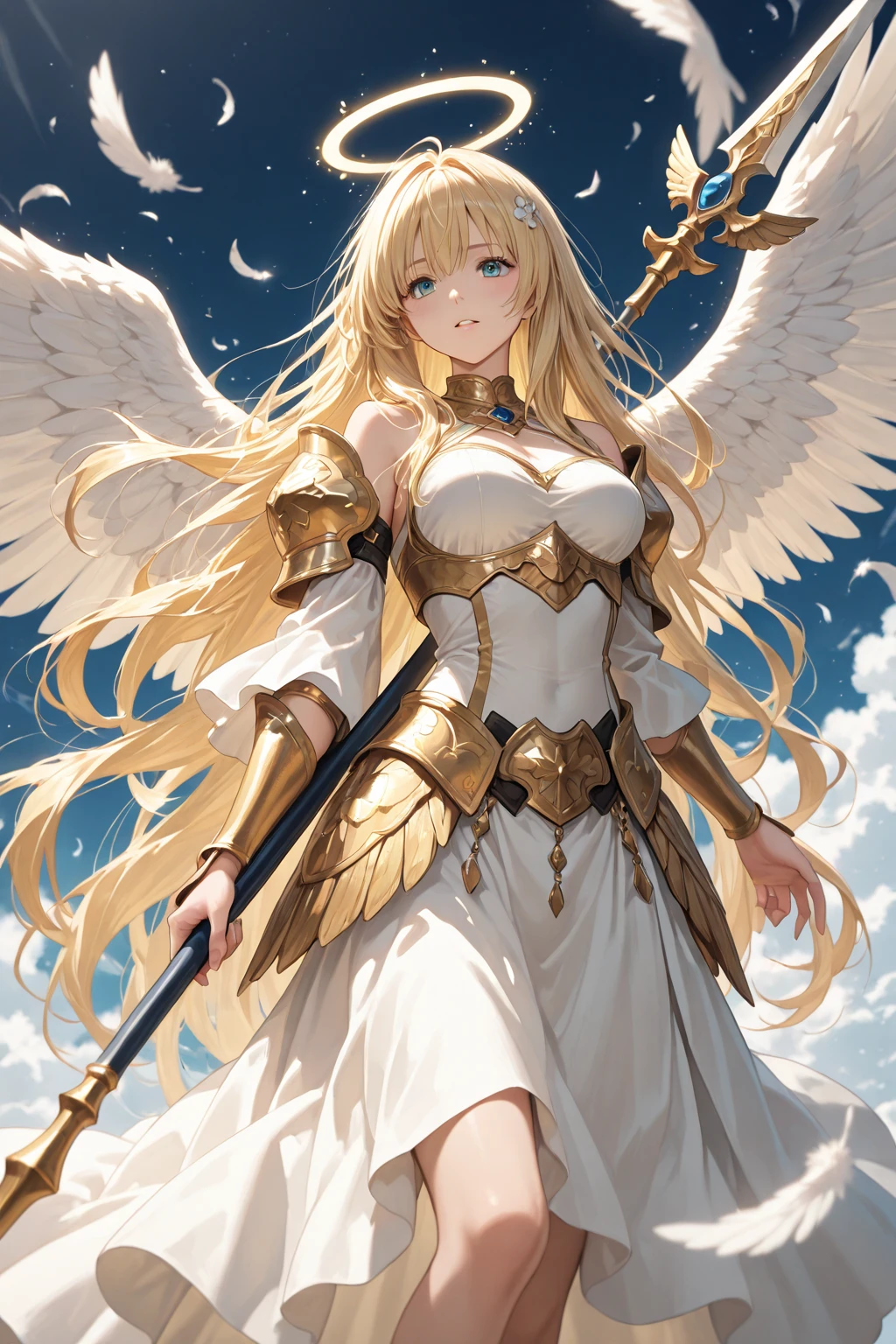 photography, (valkyrie_girl, face in profile, blue_eyes, platinum blonde long hair, glowing little light wings, gold tiara with small wings, one-piece style ancient, white clothing with long skirt with a narrow slit, ancient soldier knee-high boots, glowing long sword), (fantasy, norse, mythology), (intricate, Cinematic lighting, glowing, dramatic lighting, beautiful detailed glow, masterpiece, best quality)