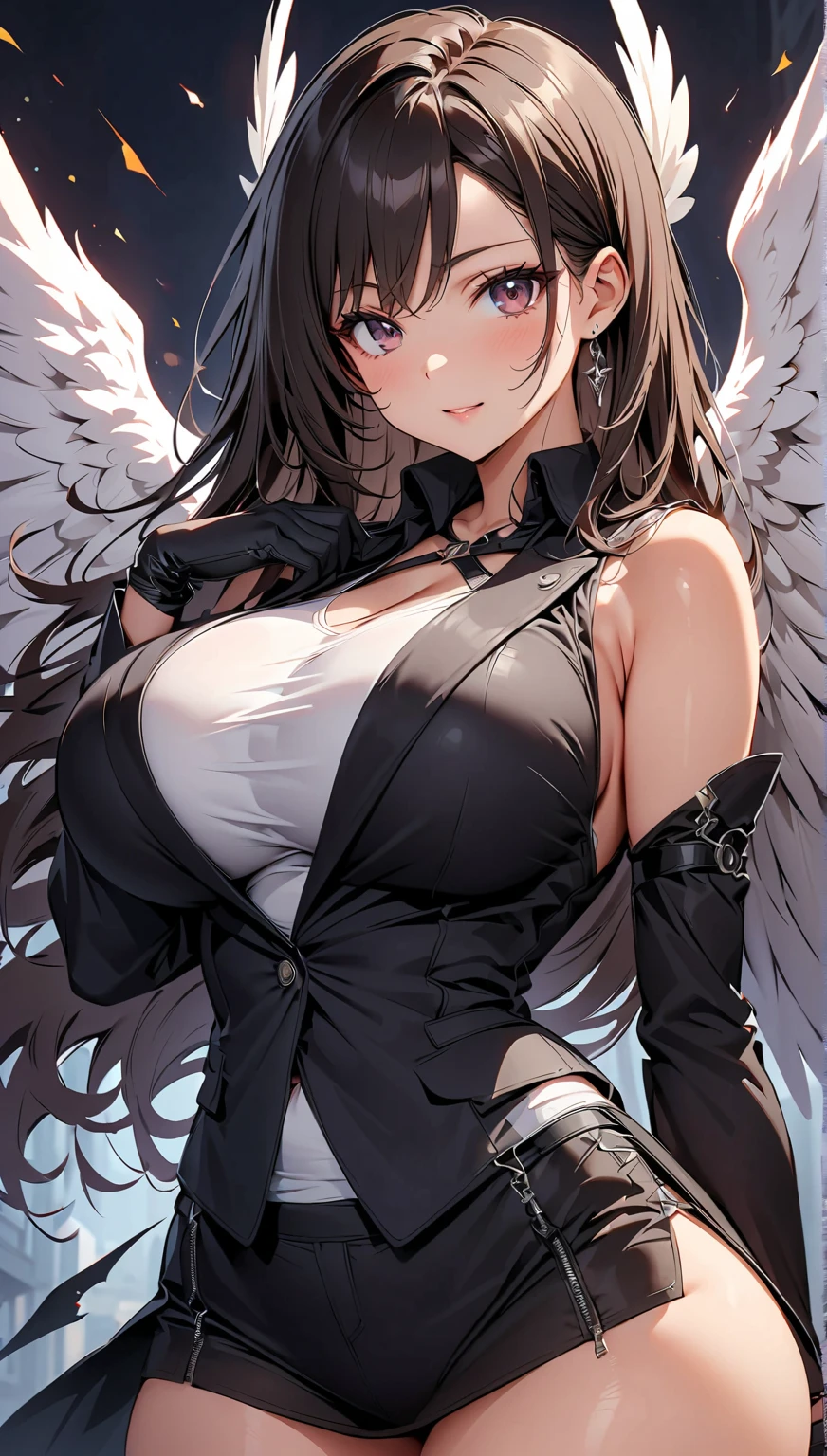 high quality, masterpiece, Super detailed, full body portrait,1 girl, Extremely detailed faces, White lace latex bodysuit,white gloves,angel halo,angel wings,BDSM,handcuffs,collar,calm expression,Smile,handcuffs,collar,long black hair, charming pink eyes, fox ears, Ridiculously big, shiny skin, Fly in the sky,bright sky,
