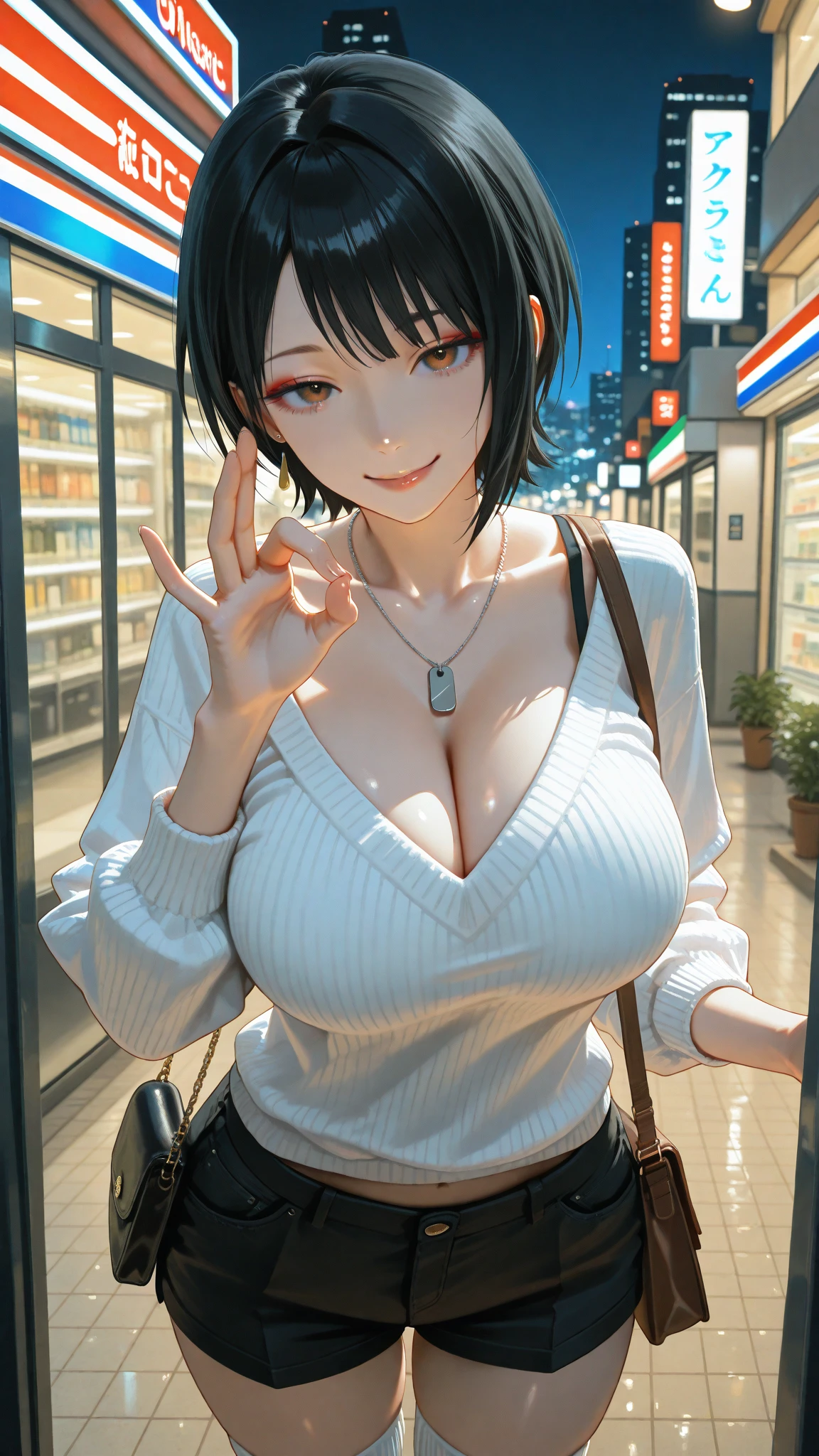 looking at viewer, smiling,shining eyes, bending forward, over counter, boob press, downblouse, large breasts, sagging breasts, hanging breasts, short hair, big lips, blurry background, blouse, no bra, (masterpiece), (best quality:1.2), absurdres