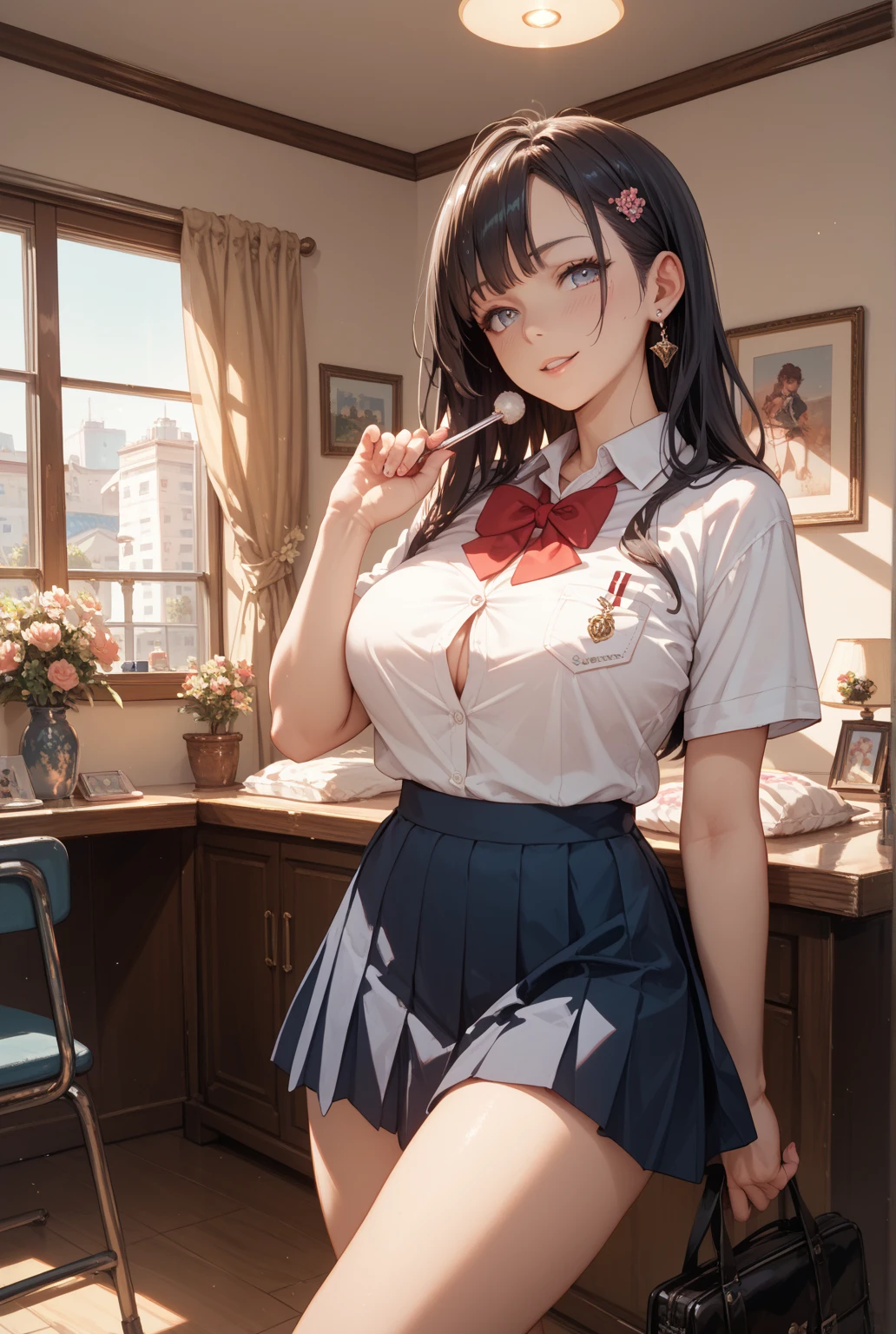 (masterpiece、highest quality)、Beautiful illustrations、Gazing at the viewer、Beautiful thighs、Front view、1 girl、Mature high school girl、A high school girl who looks 25 years old、Shiny skin、(Shoot Bob Hairstyle)、Big eyes、Long eyelashes、very tall、 Beautiful Hair、Beautiful Face、Beautiful Eyes、 Beautiful breasts、Beautiful thighs、Beautiful legs、Beautiful fingers、(((brown knit vest、Short sleeve white collar shirt、Navy Pleated Skirt)))、((Red bow tie))、(In the classroom)、Are standing、((smile))、(((((Skirt lift with both hands、I can see your panties)))))