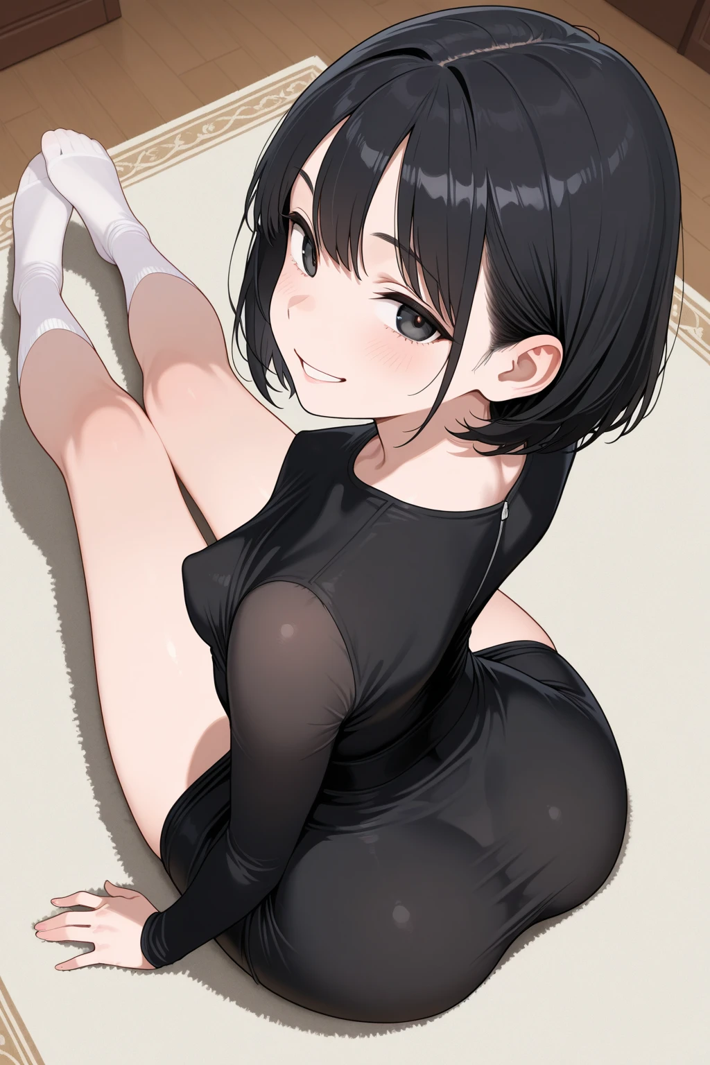 masterpiece, best quality, solo, (little girl), black hair, short hair, cowboy shot,
 grin, squatting, black sundress, (dress lift), open clothes, (flat chest), nipples, pussy, playground,