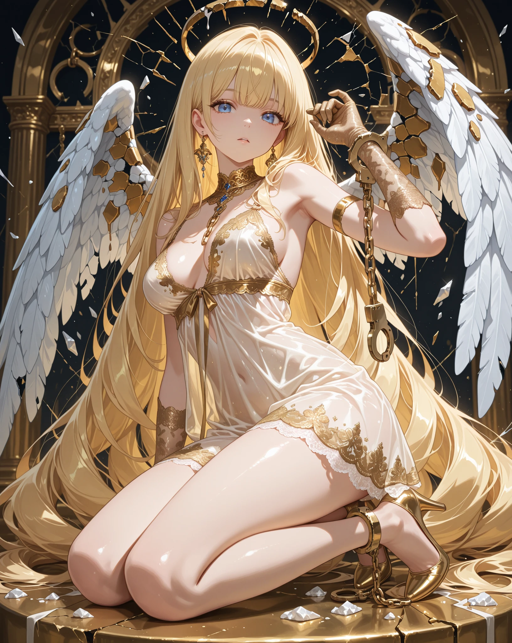 ((highest quality)),(ultra high resolution),(Super detailed),(detailed description),((best CG)),(best work of art),super precision art,great drawing art,(Fantasy art with precise details:1.5),(religious painting:1.8), (1 Female Angel:1.6),(beautiful and well-shaped face:1.5),small breasts:1.6,(collar with chain:1.4),(Lifeless eyes:1.3),folded wings:1.3, ((bed in dark room:1.8)),Flickering flames:1.1