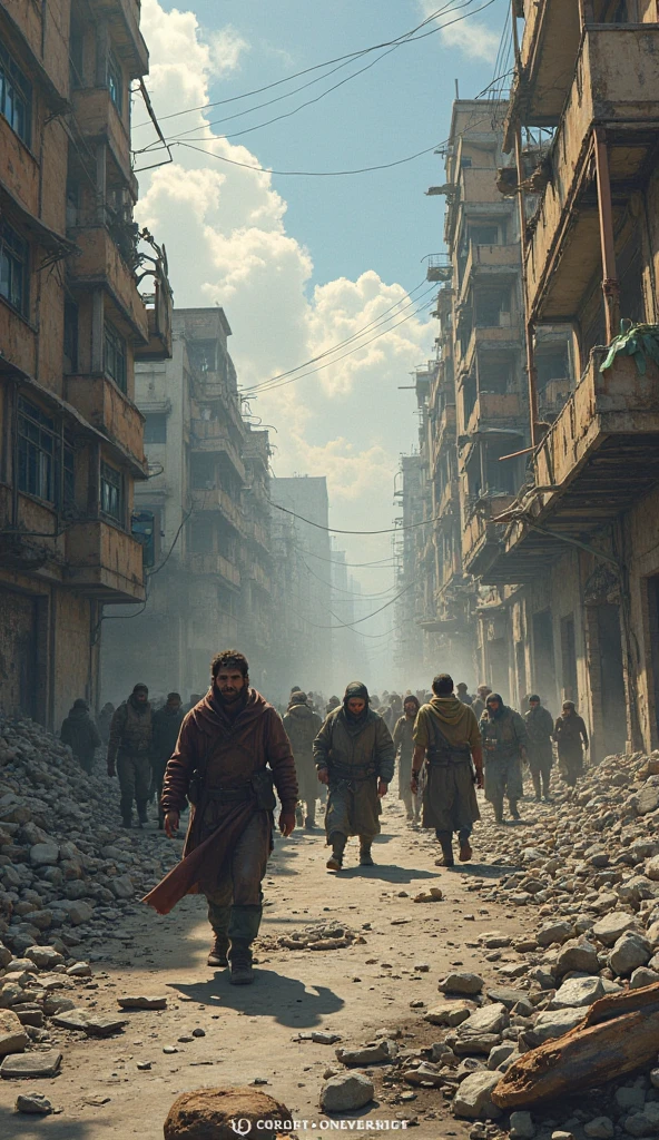 A war-torn landscape in Palestine, with devastated buildings reduced to rubble. Smoke and fire rise in the background, darkening the sky. In the foreground, people are fleeing, carrying their belongings, while others are wounded and seeking help. The faces of the people show despair, fear, and sorrow. The atmosphere is chaotic, with debris scattered everywhere and destroyed infrastructure. The overall scene should convey a deep sense of trage