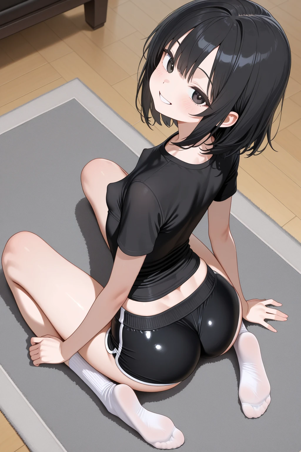 masterpiece, best quality, highres, Matoba Risa, 1girl, solo, busty, small breasts, black hair, twintail, sport bra, short skirt, garter on thigh, looking at viewer, full body, standing, simple background, (erotic pose:1.4), blush, flustered, (Crotch panties exposed:1.3), ((Sweating in heat, arms behind head, double armpits, crouching down, half-squat, Open the crotch before:1.3)), In the middle, symmetrical, corrupted.