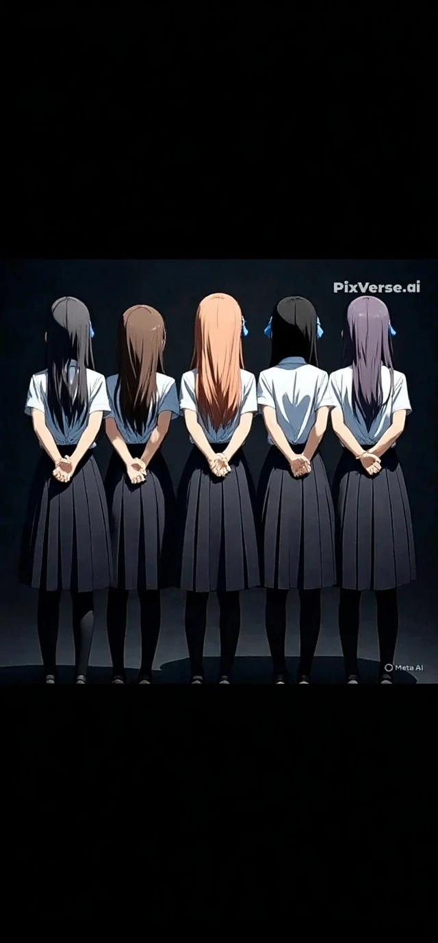 Police raid girls&#39; school, four schoolgirls stand in a row against a wall facing the wall with their legs apart,  handcuffed behind his back, chains on the legs, dressed in tight blouses, short skirt, translucent stockings above the knee and high heels, anime