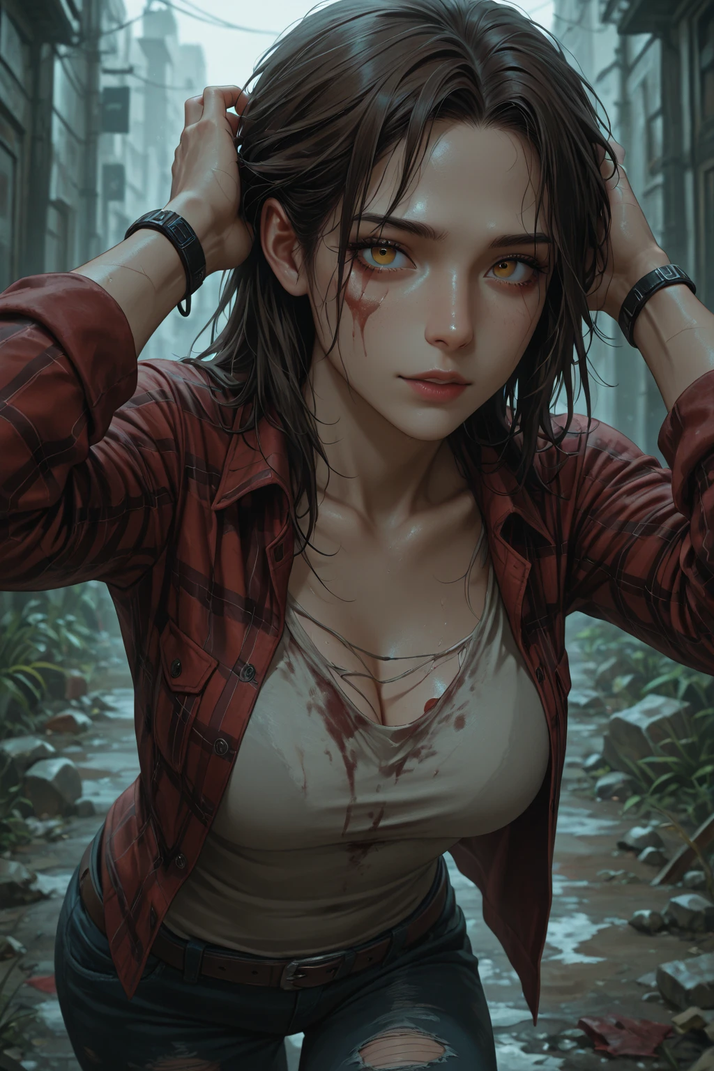 1girll,Lying on dirt,Painful expression,With blood on his face,The clothes were stained red with blood,The land was also stained red with blood