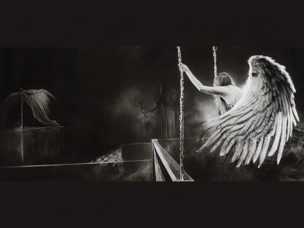 beautiful naked winged angels fighting against demons