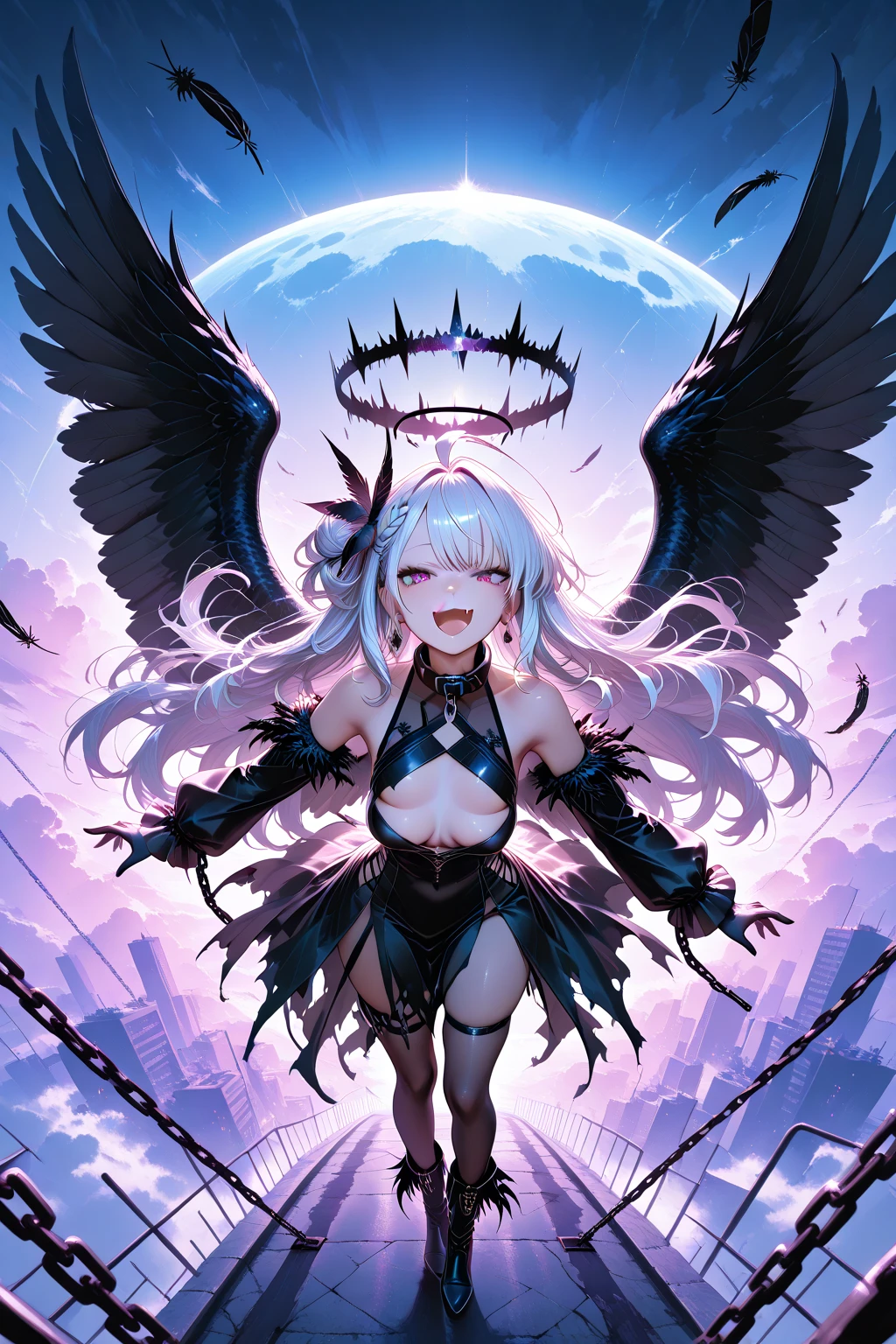 angel,(halo:rainbow1.5),Evil Smile,devil horn,sitting,slit,mesugaki,,gigantic wing,break (high contrast RGB color angel wings) break ((High Contrast RGB Effects, LED Effects, kaleidoscope effects, Shining effects, Glitter RGB effect)), (Ripple Effect:1.2) break
