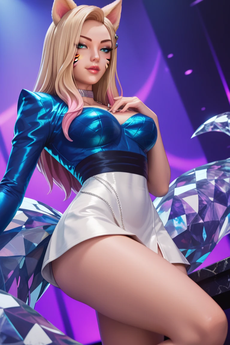 1 girl, Beautiful photorealistic Prestige KDA all out Ahri from League of Legends blushing, string bikini armor, Shibari, blindfold, electric chair, major cleavage, breast indentation, Ahri inside a Runeterra prison, slave collar, chain around her neck, roleplay bdsm, high fantasy, gravure, lewd, busty, highly detailed, 8k, high resolution, solo, big juicy lips, thick juicy thighs, makeup, large shiny breasts, gloves, looking at viewer, photorealistic, Cinema 4D, octane render, innovative, sexy, curvy but slender, mystical aura, smokey mist around Ahri, illuminati style, use advanced machine learning to create the perfect succubus waifu Ahri alone sitting in an electric chair, exposed camel toe, vice magazine photography style, trending on Pixiv, trending on civitai, perfect composition, sfw, professional quality, unreal engine