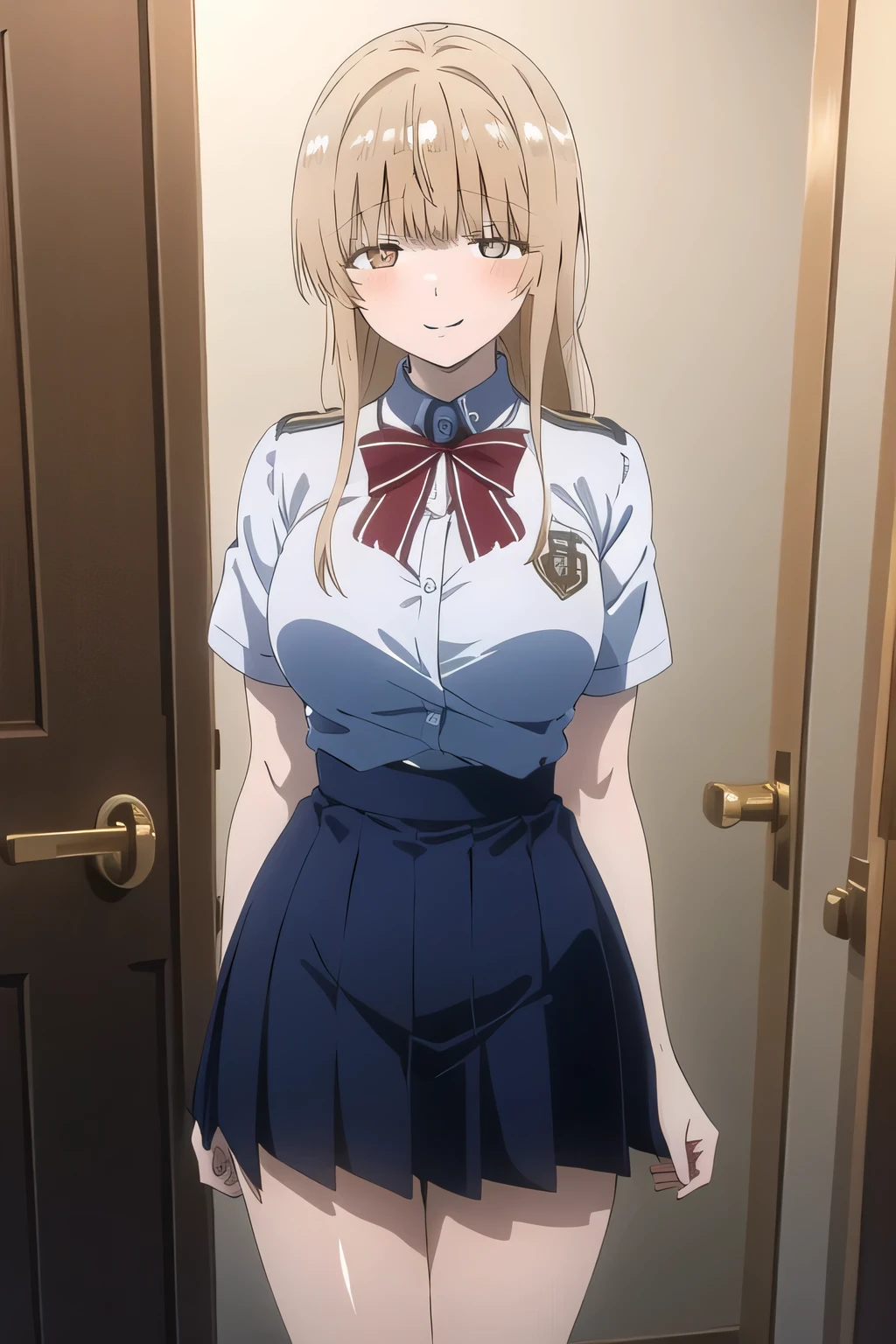  Brown Long Haired Women，nice smile，and I'm drawing her expression even more delicately，I'm at the front door，，pleated miniskirt，School uniform outfit，，cinematic lighting and ray tracing ,Customer Service, ，，               they are relaxed               ， ， （Please draw more delicately），、face is absolutely necessary，,     , ,   big breasts, thin waist ， ,   ， adult sexy women ，,            sexy 20 year old woman           ,   limbs，beautiful legs,