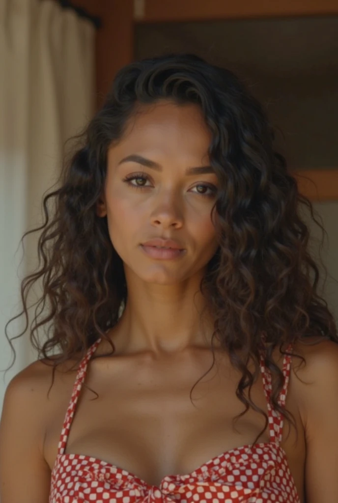 Brown skin caribbean woman with wavy hair beautiful face