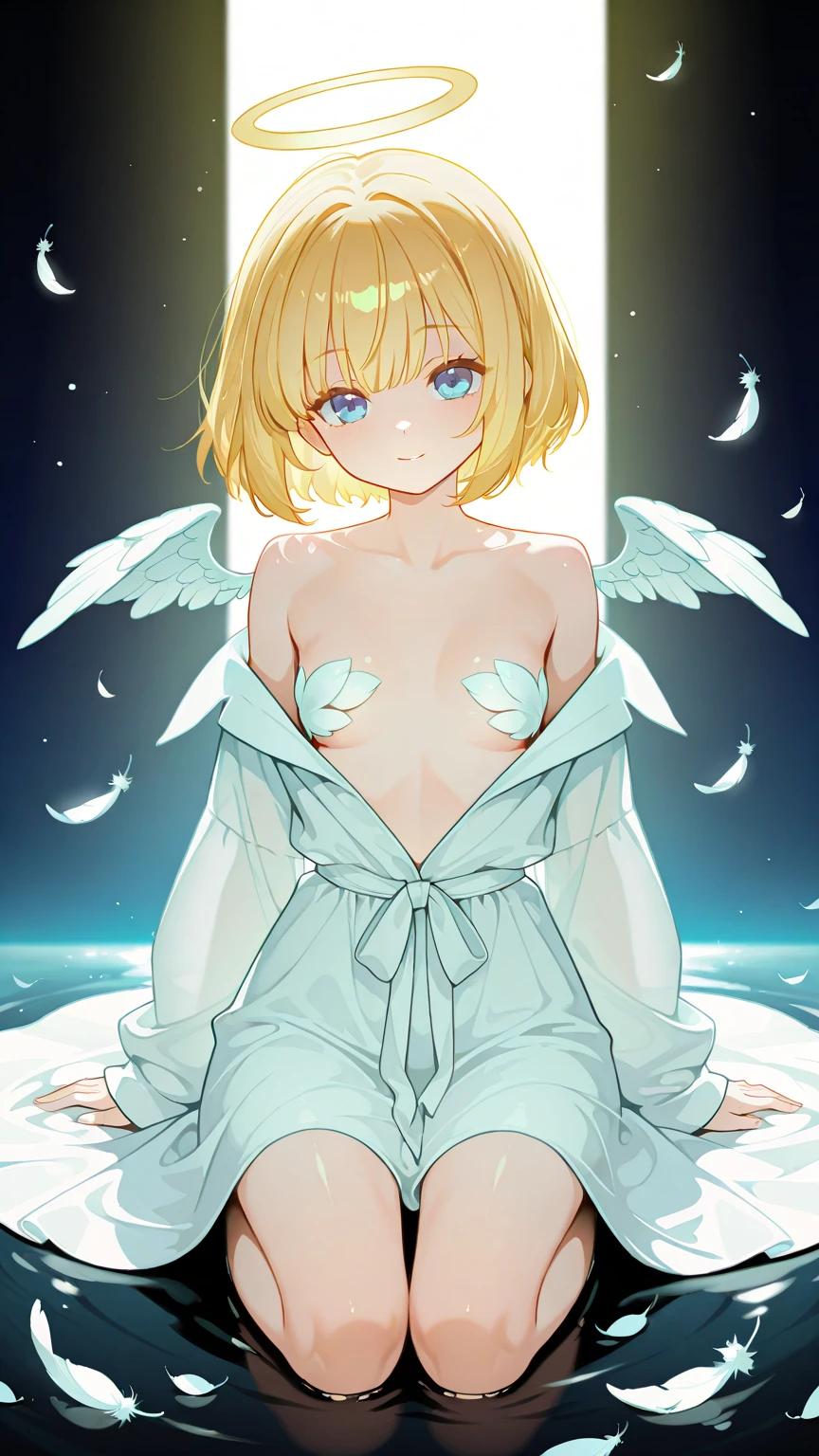 Nina, Breath of Fire 3, At the bed, Blonde, Small breasts, Slender, White Wings, Completely naked, Spread your legs, A large amount of white sperm drips from the vaginal opening, A thick black penis is stuck in the opening of her vagina