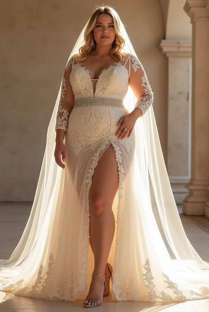 Blonde bride, implants, 34DD, low cut wedding dress, high heels, slit in skirt, flat tummy