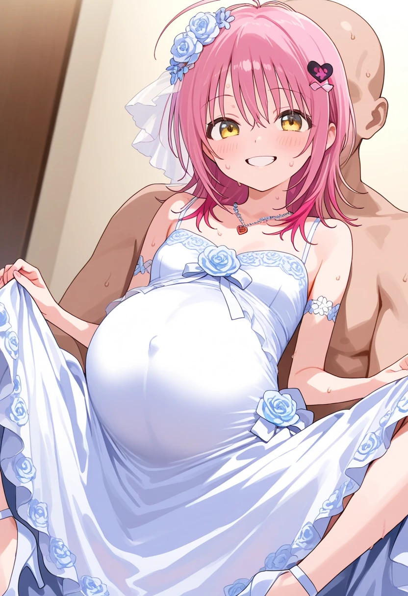 Create an anime character of an 20 year old full body girl with long hair, light pink hair with Flat bangs and green pupils, a firm eye shape and a cheerful and naughty personality, shes naked full and breastfeeding her boyfriend 