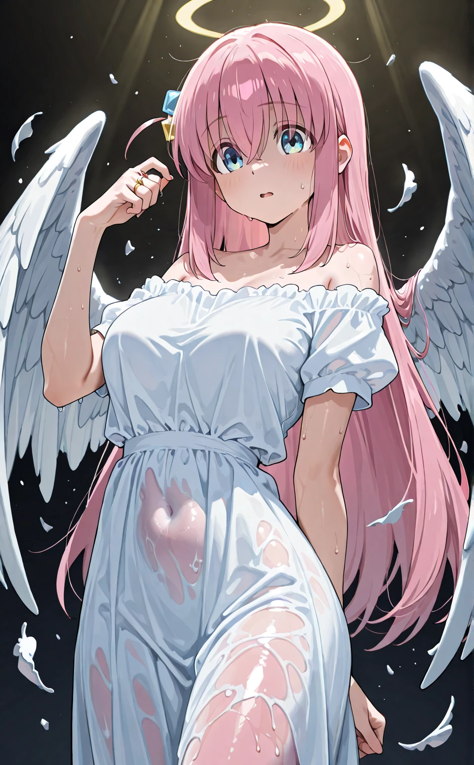 Beautiful young woman, long peach colored hair, magenta eyes, slender body, flat chest, (small breasts: 1.3), lithe physique, massive wings, oversized wings, (two massive wings: 1.4), 15 feet wings, shy, no pants, panties, (oversized white sweater: 1.3), Angel wings, white feathery wings, Angelic, crown, Angel Halo, anime Illustration, (feathery wings: 1.4), long hair, messy peach colored hair, (tiny breasts: 1.4), (huge wings: 1.4), massive thighs, huge rear end, wide hips, (huge wings: 1.4), (oversized white sweater: 1.3), thick collar, turtleneck