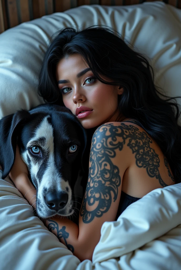 A young woman with long dark hair is lying on a bed, cuddling a dark brown fluffy dog. she has a pear body shape with an curvy larged-size chest, She is wearing a cropped, ribbed white thin-strapped tank top and white lace panties. Her body is adorned with tattoos; a colorful sleeve tattoo covers her left arm, and a large tattoo of a cat with a crescent moon and floral elements decorates her left thigh. The woman has a navel piercing with a jewel, and her pose accentuates her hourglass figure. The bedding is light-colored and slightly rumpled, contributing to the casual and intimate atmosphere of the scene. The lighting is soft, highlighting the intricate details of her tattoos and the texture of the fabrics.