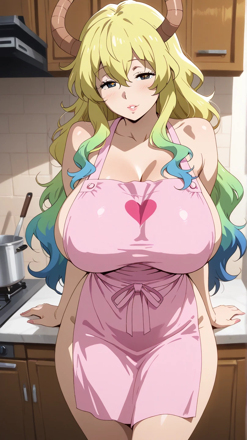 Mommy Masterpiece, maid costume, long pink hair , green detailed sparkling eyes , embarrassed , blushing
(Best quality:1.3),big breasts, naked, apron, cleavage, (pov, close shot), standing, kitchen background, blushing:1.2.