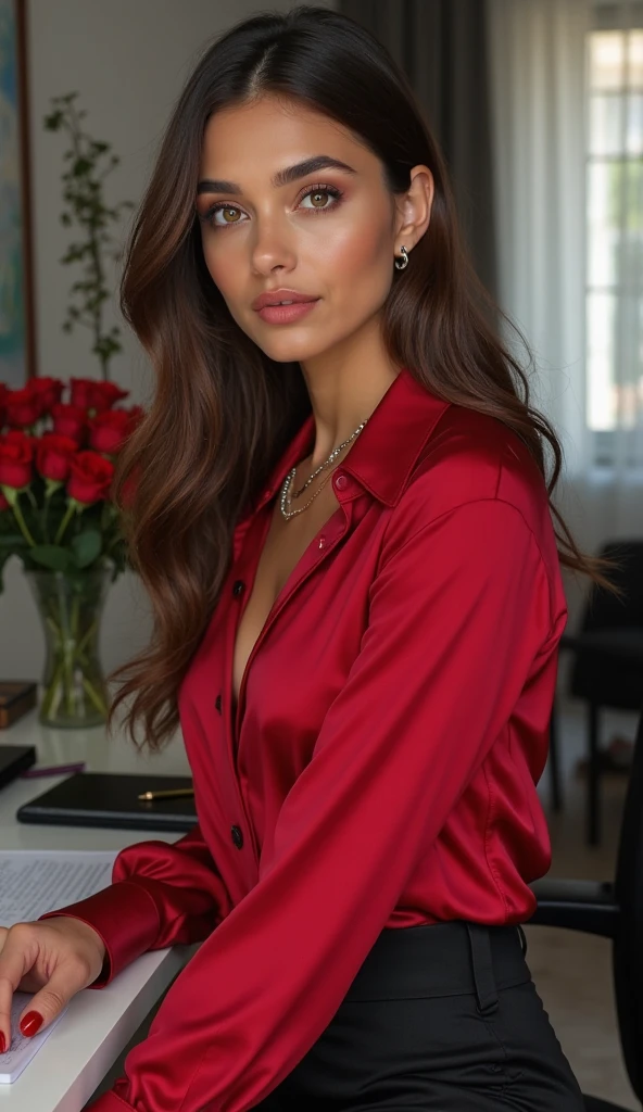 arafed woman in a red shirt posing for a picture, red elegant shirt, attractive woman, red shirt, elegant look, photo of a beautiful woman, photo of the beauty gal gadot, elegant fashion model, wearing a red outfit, high - end fashion photoshoot, attractive brown hair woman, promotional photoshoot, beautiful female model, wearing a blouse, red clothes