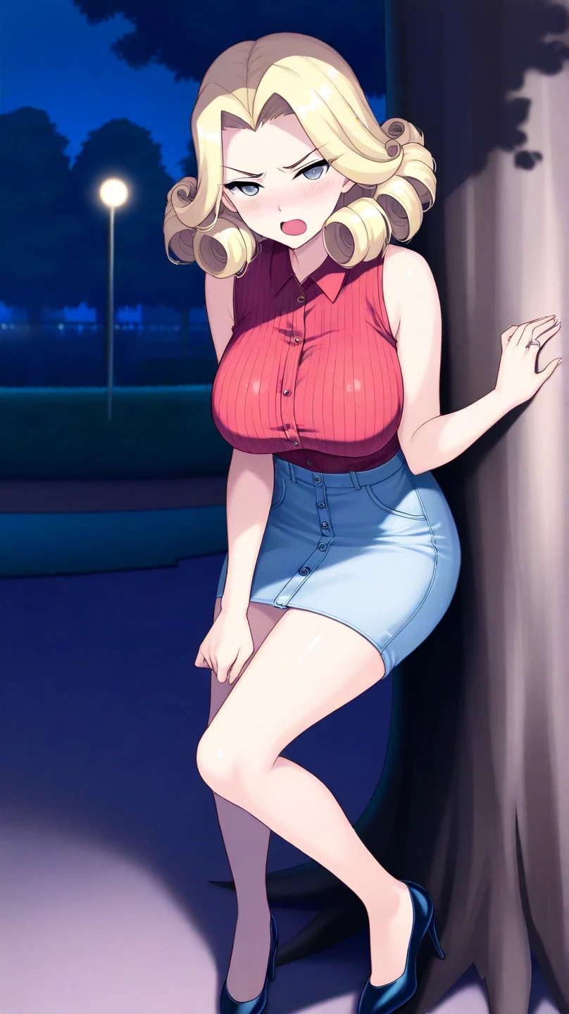 Anime illustration、Fantasy、highest quality、Luxury Casino、Flirt with a man、Plump Dealer、Perfect proportions、overwhelmingly big breasts、Very thick legs、Beautiful, shining eyes、Blushed、smile、Cowboy Shot、Showing off your crotch