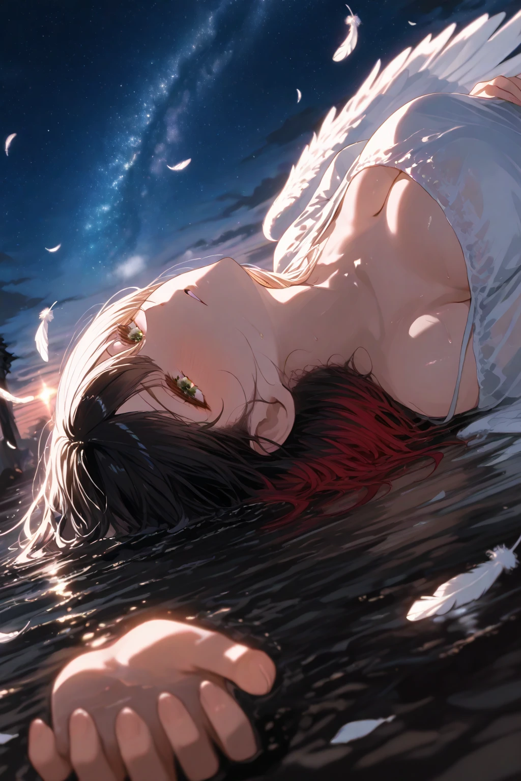 ((tmasterpiece)),(((beste-Qualit))), Close-up of man with brown hair and white body, character close up, Subsurface scattering skin, Attractive humanoid, no shirt, high detail, stylized portrait, character close up, Only the head and torso, androgynous face, Skinny fantasy man, Fan art, Art, handsome male, pale skin, l vampire, red-eyes, Skinny face, sunken cheeks, Sharp fangs, A sad deep look, Sad, thought, Looking down, Melancholic appearance, sharp chin, Smooth face, Naked thin body, earring in the ear, Hair gradient, hair color from brown to red, thin eyebrows, short hair on the side, pixie hairstyle, Wavy Hair, Atmospheric background, Sundown, starry background, pink and blue background, Delicate colors