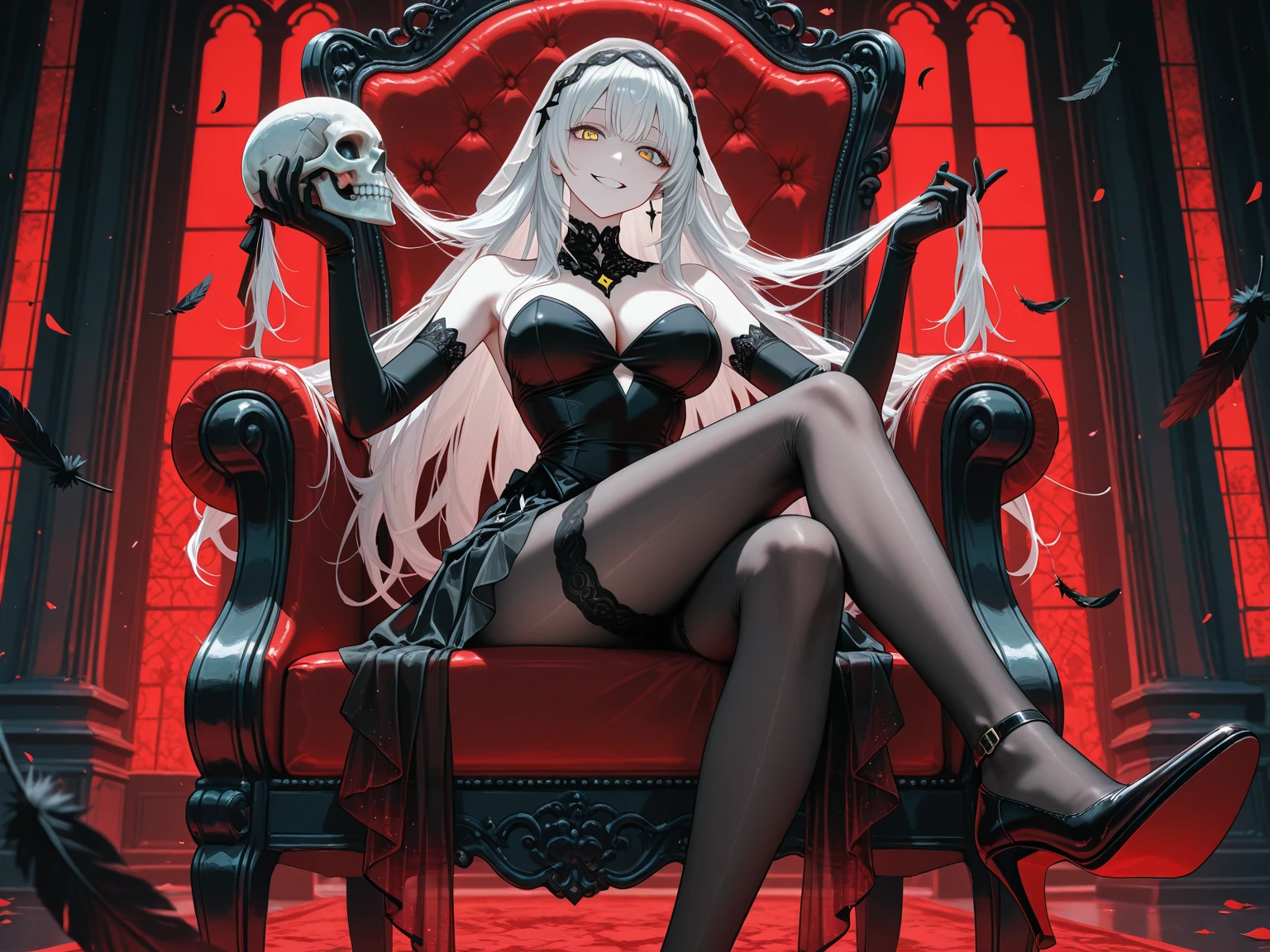 lady of the night, in a dark environment sitting on her throne, pompous, some evil skeletons around trying to stay close, fluorescent color palette
