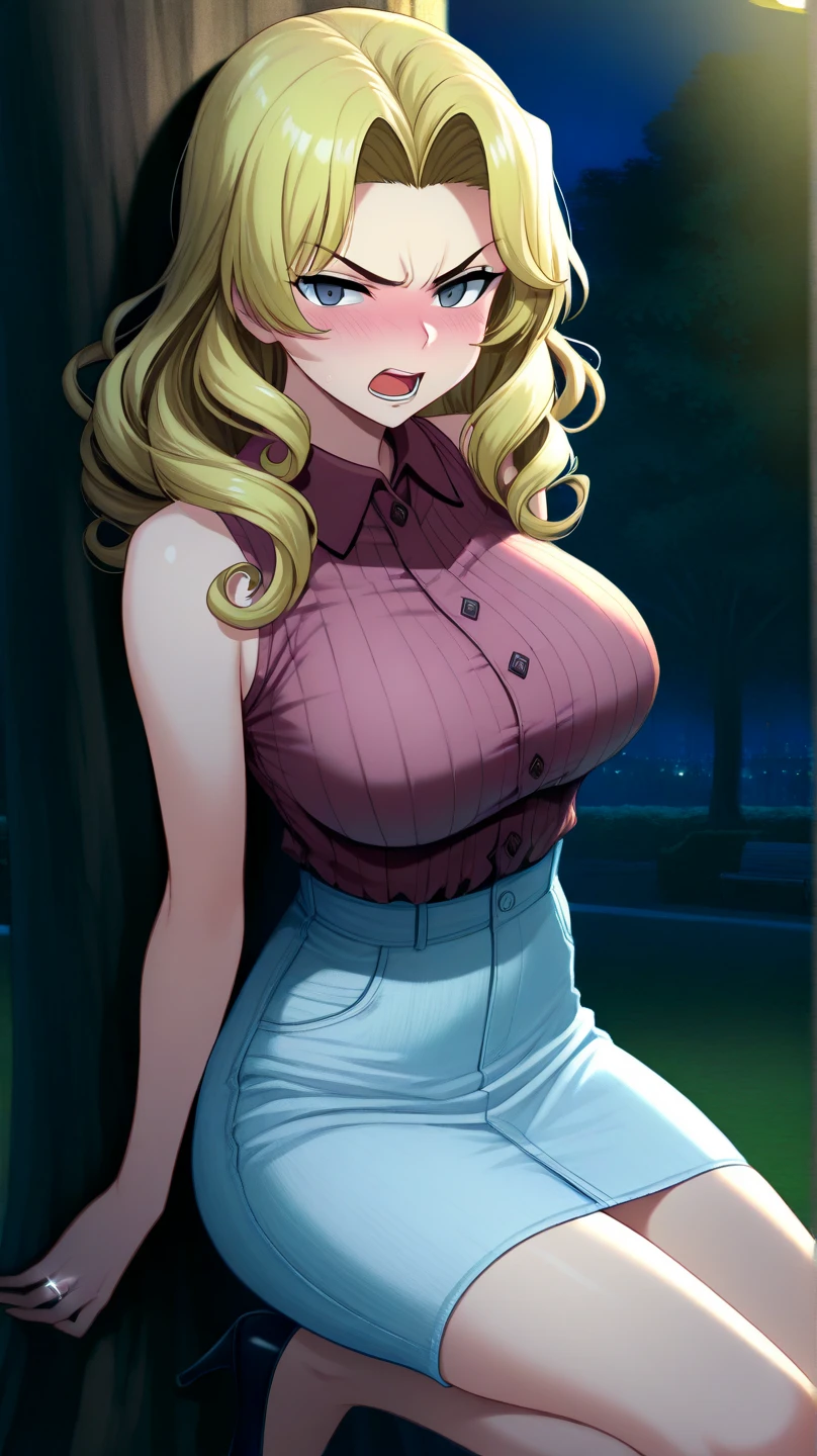 Beautiful round medium breasts, 1girl, ((blonder hair, bangs cover the eyes)) ((wolf girl, cute girl face)) light blue eyes, has an beautiful sensual body with freckles, with full breasts and thin waist, HIP HOP Beautiful and cute Long pleated skirt, latex tank top, strap fabric delicate, has a bold appearance. young, quality, realistic, best quality, cute expression, pink lipstick lips, Cute smile, leaning, on the porch illuminated by moonlight, wooden house in the forest