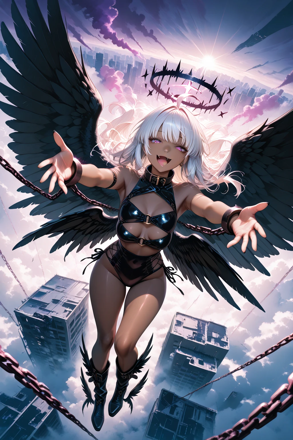 Highest quality,Highest Resolution,Beautiful girl with angry face in gothic lolita leotard,High leg,(((Floating in the air))),Halo,Night Sky,Severe lightning strike,Thick Lightning,Very beautiful red eyes,rain,(((Black angel wings on the back))),whole body,front,Purple long hair,In hand1with two big spears,Knee-high stockings,garter belt,Floating in the air,darkness,