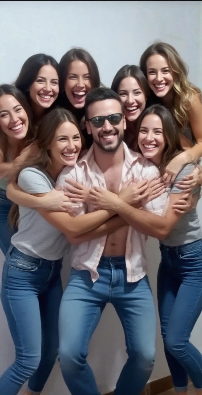 Make a naked guy (he tries to cover his private parts), this guy is very embarrassed to be in front of 4 girls, who laugh, make fun of him and point at his parts when they see him naked. Let them be young. Let it not be anime but rather a photo type.