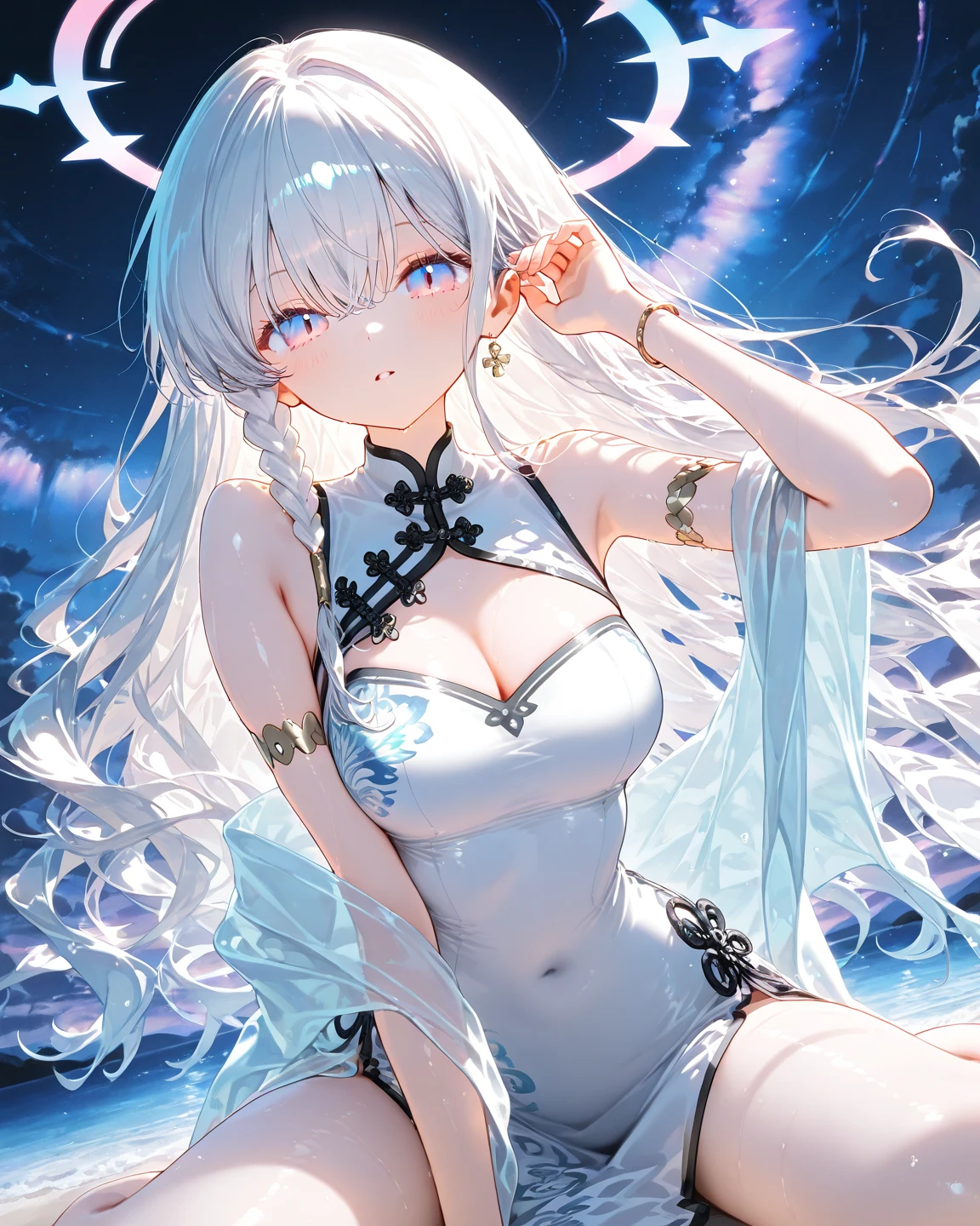 (Paradise in Heaven), White lighting,(muste piece), (best quality), (cinematic), 8K, (art station),(長いwhite hairとSilvery eyesを持つ1人の女), (beautiful delicate face)、[Frozen trees々], [landscape crystal], [lighting], [Ethereal Atmosphere:1.1], [fantasy, short story] ,[soft なlighting] 、(+cinematic shot:1.2)、 [+art station] 、[+luminous white background] 、 [soft glow] 、(Creative and dynamic angles:1.3), [+Crystal Toning] 、muste piece, very detailed, Super detailed, solo, (pale skin), Silvery eyes, white hair, (snow background), (snowflake rosen flower:1.0), (shining crystal), (Snowy ground), (White lashes), sexy woman、dreamy and detailed, Gorgeous setting, 妖しい雰囲気 muste piece, The most beautiful scenes, majestic、(((full of white flowers)))、quiet and serene atmosphere、attractive, all white tones,Inside the crystal library,Transparent flowers and falling snow，Many white roses are planted,(water flowing,waterfall,water bloom),The decoration is also carefully done.,dream（very detailedです，creative design，crisp and precise lines，K HD，best quality，master piece，超High resolution，In 4K）、Diverse poses、((beautiful white flower hair ornament))、beautiful hairstyle、(best quality, In 4K, 8K, High resolution, muste piece:1.2), Super detailed, detailed expression, graceful posture, expressive brush strokes, mysterious atmosphere, artistic interpretation,Delicate floral jewelry， (((Detailed design、Beautiful transparent dress made of thin fabric、Sheer mini dress that shows off your skin)))、(SFW:1.5), (oversized breasts, best body proportions, proportions of large breasts,:1.5)