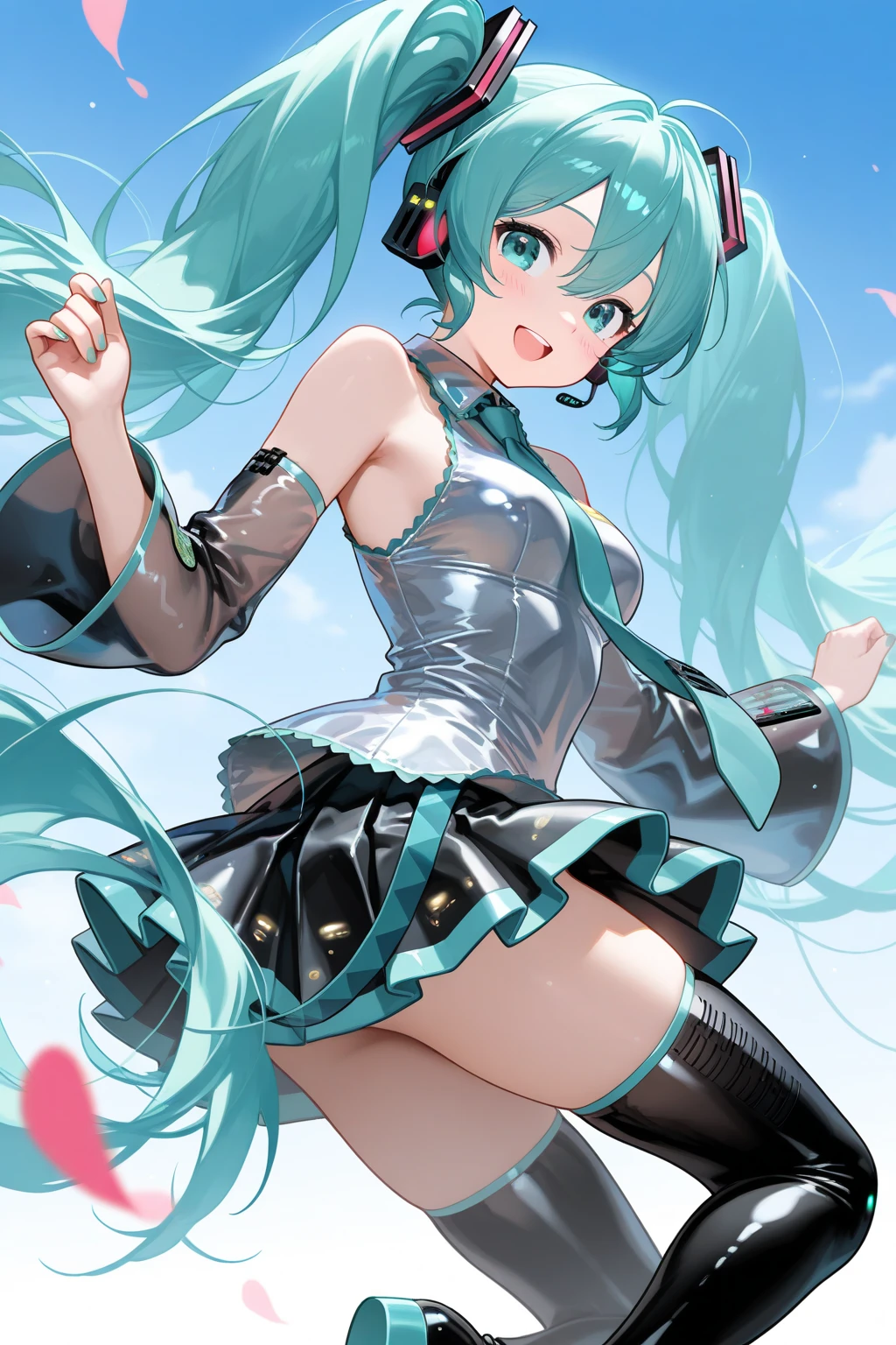 (((anime-style cute face)))、Hatsune Miku、Highest quality, （（Sharp details））, (8k, RAW Photos, Highest quality, masterpiece), (looking at the camera),((((Cute Smile))))、Very big eyes、Sparkling eyes、（anatomically correct body）、（（Good looking body balance））、Big thighs、The face is bright、Professional Lighting、Cute little breasts、The sailor uniform is shiny pink:1.8、Shoulder、Belly button、Long glossy black arm covers、Pink mini pleated skirt with lively frills:1.8、Pure white panties、Just a little panty shot、Very long shiny black patent leather boots、Full body shot、Cute gesture posture、The hair ribbon is pink:1.5、Shot with a standard lens、The depth of the written world is shallow、Focus on the face、The background is pure white、The costume fits the body very well、