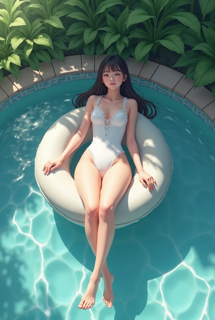 A beautiful woman in a Chinese-style belly pocket,Slim figure,with fair skin,The long legs are rounded and straight,Lying charmingly on the sea