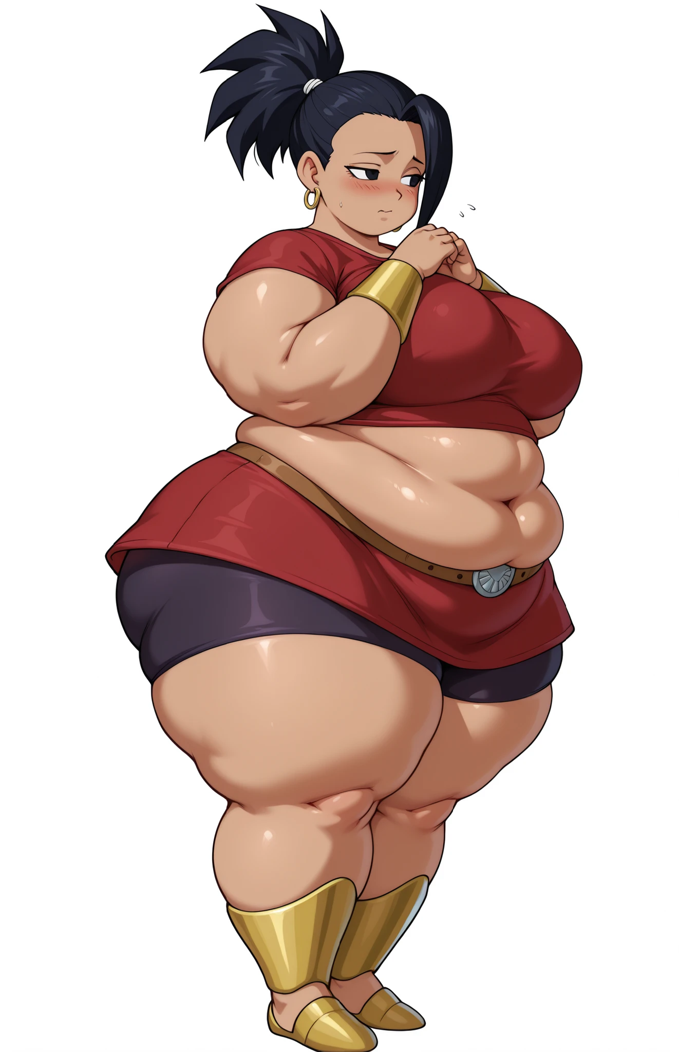 (masterpiece, best quality, ultra-detailed, anime style, highly expressive, kale, ponytail, black hair, black eyes, shy expression, innocent, , soft lighting), shimmering as it catches the light.Her eyes are large and slightly wide, full body, white background, thigh pudge, chubby, huge thighs, obese, thick arms, large breasts, thick arms, belly, ussbbw, good anatomy, perfect anatomy, wide hips, massive breasts, overweight female, morbidly obese, hyper fat, swollen face , hoop earrings, red crop top, short sleeves, bracer, midriff, navel, belt, bike shorts, miniskirt, shorts under skirt, red skirting, shy, full body, (long legs), tall, shy, nervous, looking away, looking to side, massive breasts, hands together,