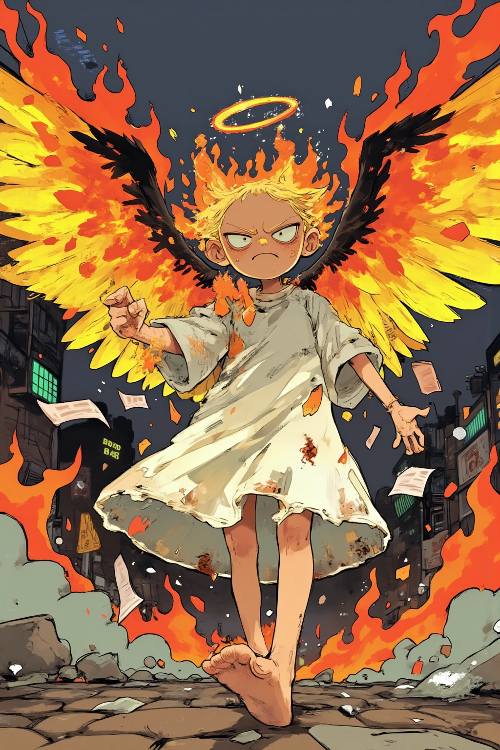 cartoon angel drawn with big eyes and a strong expression of defeat, 翼がオレンジやred、Yellowの炎で燃えており、the tips of the feathers are black and burnt,angry face and fist,The ring on the head is slightly tilted and burnt feathers and ash are dancing,eyes are big and sharp like a cat,Thick Line,bright color,Yellowやオレンジのグラデーション,white dress but there are a few soot stains,Korean twin sisters of kindergarten children who are slender and have long legs,in the background,effects and poison gas and smoke、signs showing danger,The character has large faces and limbs、emphasizes thinness,over,color is black on the cobblestones、Yellow、red、White as the base color,and dynamic movement poses,intimidating, High Contrast Illustration , vector style drawing ,high quality work,VECTOR ART,Digital Illustration,digital art illustrations to show consciously, Profile Artwork