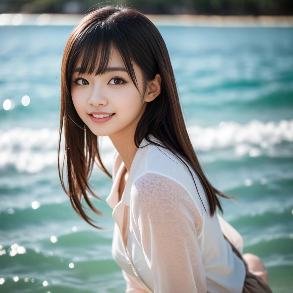 (highest quality, 32k, High resolution, masterpiece:1.5, ), Transparent air, The brilliance of youth, An award-winning masterpiece with incredible detail, Beautiful Japanese Girls, An exceptionally beautiful face, Shiny brown hair, ((Beautifully groomed long hair)), Asymmetrical bangs, Hair between the eyes, Beautifully trimmed, thin eyebrows, Magical big eyes, Moist black eyes, Clear double eyelids, smooth and transparent skin, Pale pink lips, Natural Makeup, Rich expression of emotions, (fleeting smile:1.4), Lightweight silk blouse, blue plaid pleated skirt, sit, Absolute area, High resolutionの美しい太もも, (whole body:1.3), Parks by the sea, Beautiful, clear blue sea stretches to the horizon, The dazzling summer sunshine, detailed blue sky, Professional Lighting, Professional Photographer, Professional models