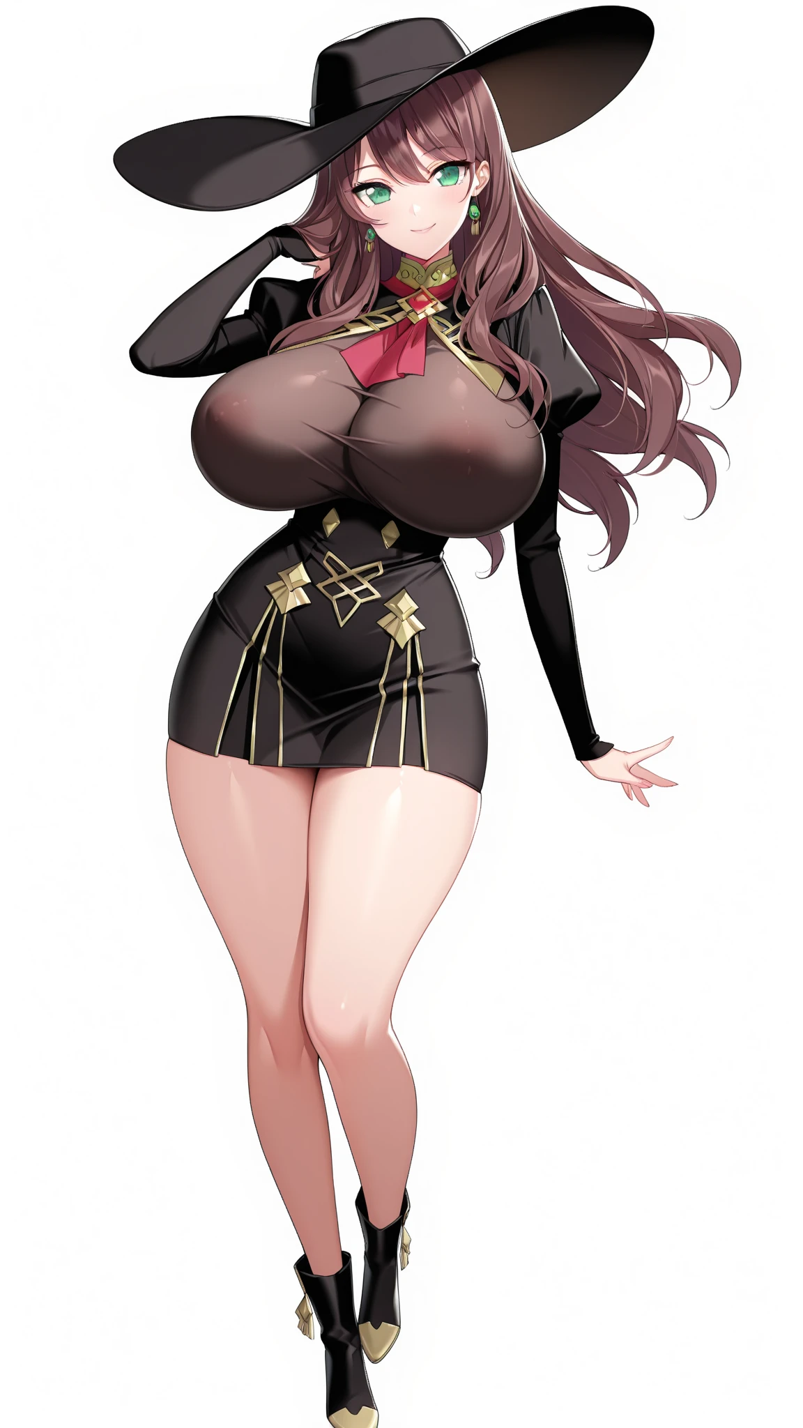 Anime girl, red long hair, big breast, sexy pose, black coat, room background, full body pose,