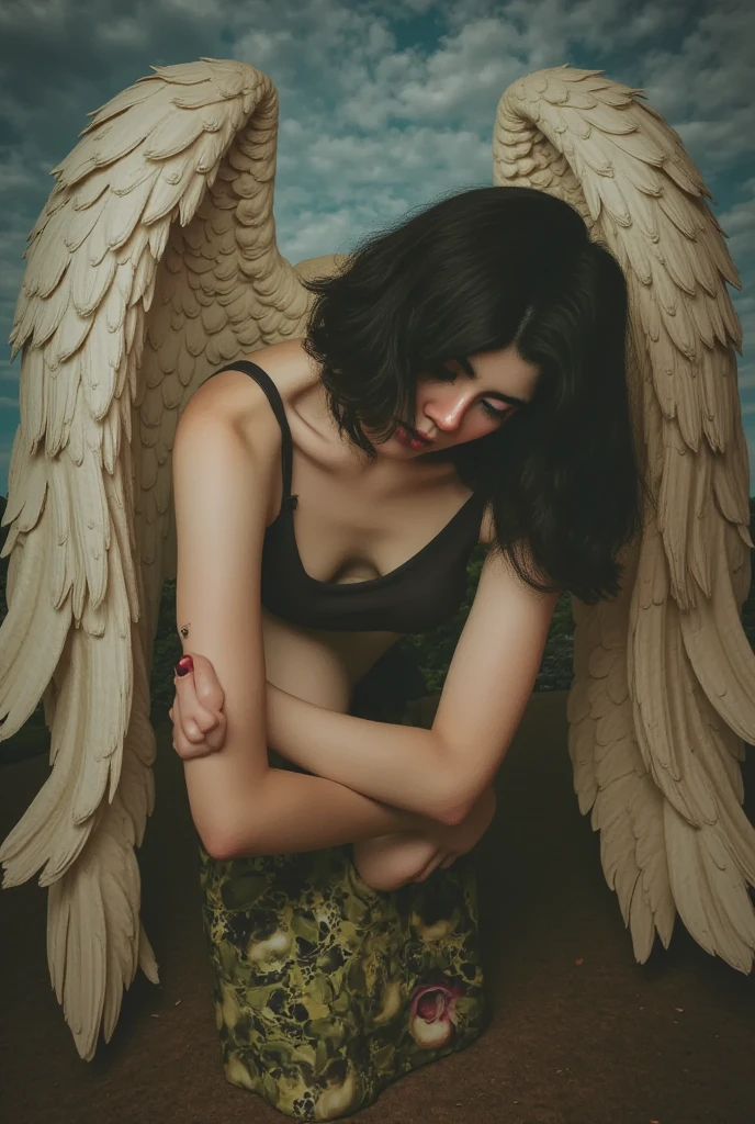 fallen angel in renaissance style. a solemn and introspective pose. Blur the angel&#39;s face to add an air of mystery. Use the chiaroscuro technique for a dramatic contrast between light and shadow. The surrounding landscape must be desolate, with twisted trees, rocks and an earthy, natural color palette. Maintain a mystical and solemn atmosphere.
