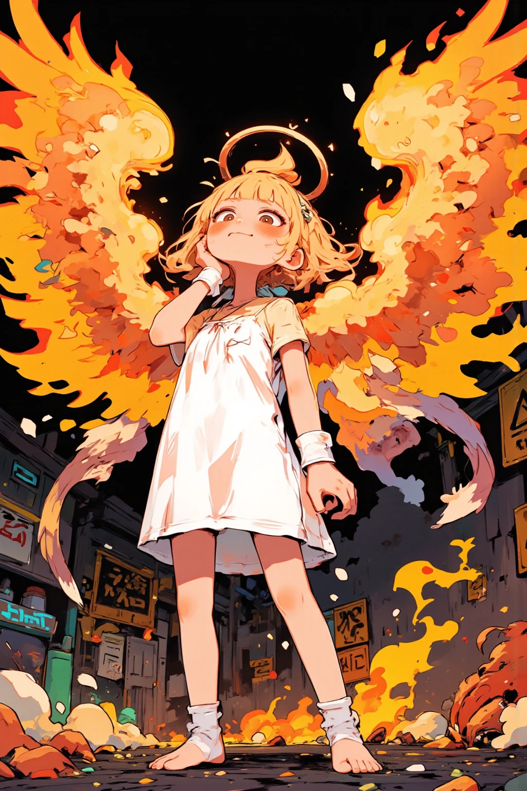 cartoon angel drawn with big eyes and a strong expression of defeat, 翼がオレンジやred、Yellowの炎で燃えており、the tips of the feathers are black and burnt,angry face and fist,The ring on the head is slightly tilted and burnt feathers and ash are dancing,eyes are big and sharp like a cat,Thick Line,bright color,Yellowやオレンジのグラデーション,white dress but there are a few soot stains,Korean twin sisters of kindergarten children who are slender and have long legs,in the background,effects and poison gas and smoke、signs showing danger,The character has large faces and limbs、emphasizes thinness,over,color is black on the cobblestones、Yellow、red、White as the base color,and dynamic movement poses,intimidating, High Contrast Illustration , vector style drawing ,high quality work,VECTOR ART,Digital Illustration,digital art illustrations to show consciously, Profile Artwork