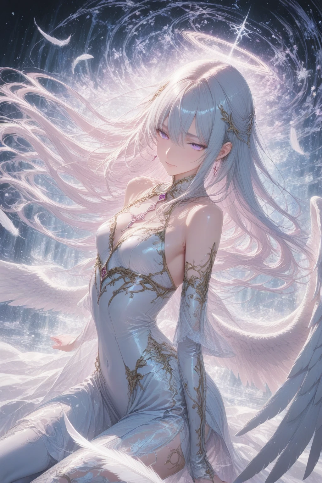 ((masterpiece)), (White Robe,One person:1.5), (harf body,standing:1.2),Intricate details, View your viewers, beautiful, Fine eyes and lips,Fantasy,Perfect Face, (1 girl,White background:1.3),Transparent,Long black hair,Fantasy,pretty girl,beautiful表情,Detailed facial expressions,(Correct and delicate arms and fingertips)、I can see your feet
