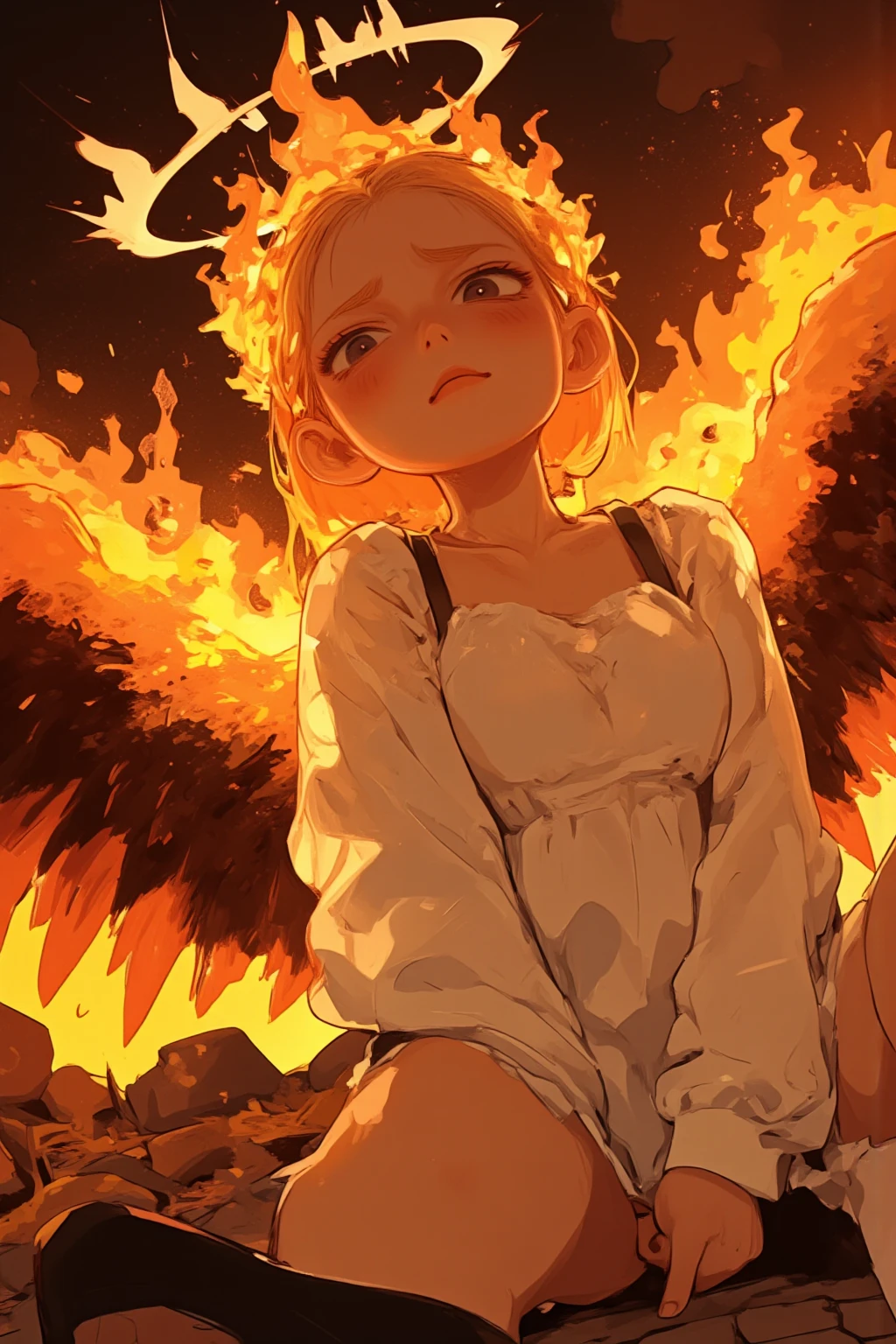 cartoon angel drawn with big eyes and a strong expression of defeat, 翼がオレンジやred、Yellowの炎で燃えており、the tips of the feathers are black and burnt,angry face and fist,The ring on the head is slightly tilted and burnt feathers and ash are dancing,eyes are big and sharp like a cat,Thick Line,bright color,Yellowやオレンジのグラデーション,white dress but there are a few soot stains,Korean twin sisters of kindergarten children who are slender and have long legs,in the background,effects and poison gas and smoke、signs showing danger,The character has large faces and limbs、emphasizes thinness,over,color is black on the cobblestones、Yellow、red、White as the base color,and dynamic movement poses,intimidating, High Contrast Illustration , vector style drawing ,high quality work,VECTOR ART,Digital Illustration,digital art illustrations to show consciously, Profile Artwork