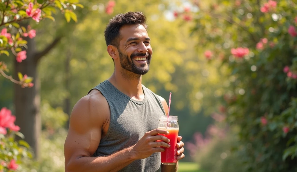 realistic man 25 to 35 years old, Drinking Acai in the Park, salmonete, in park, ultra HD, high qualiy, best qualityer, high resolution, 8k, 16K