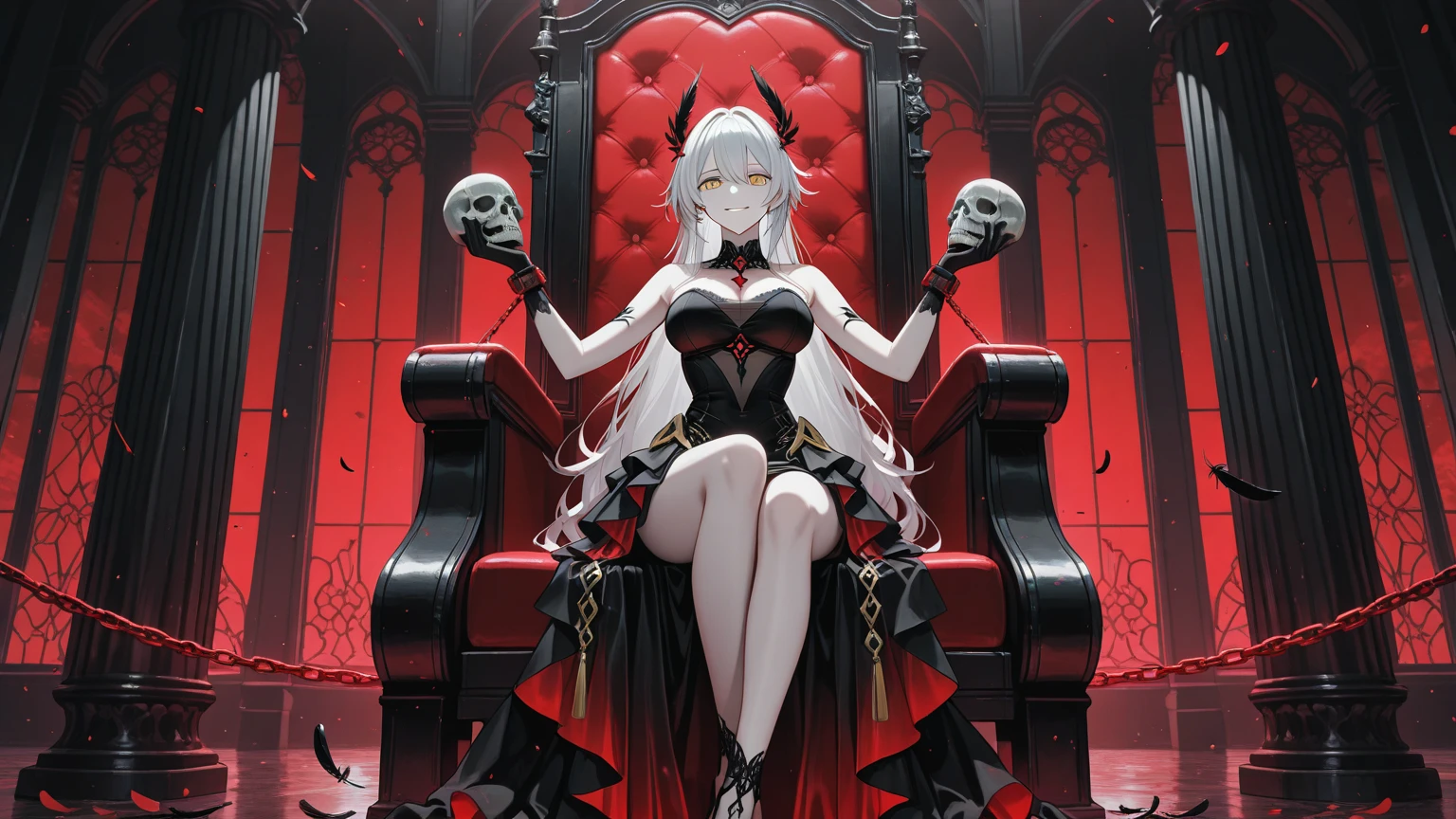 ((8k resolution))、((highest quality))、((masterpiece))、((Very detailed))((((dramatic))), (Anatomically correct)、The depth of the object to write、front、woman、(Sheer dress、青whiteい肌)、Throne、(Creepy Mask)、Underwater、(theme、whole body:1.1)、an ominous、background:white、Giant red arm