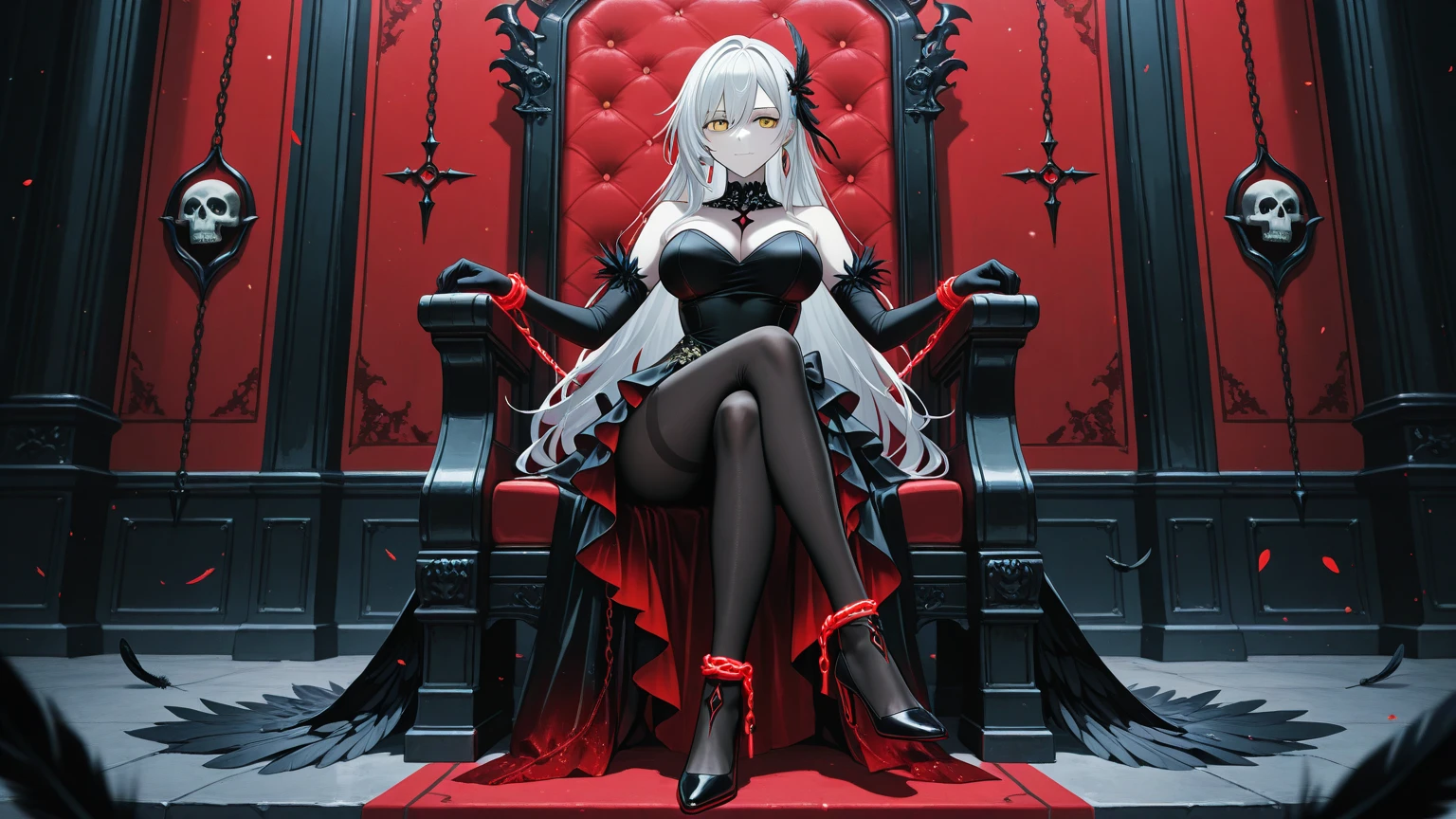 gothic queen, devil ,whole body,Sitting on a throne, red, Sexy red dress, defiant look, ruby colored eyes , gothic corona, collar red corazon , silver hair.