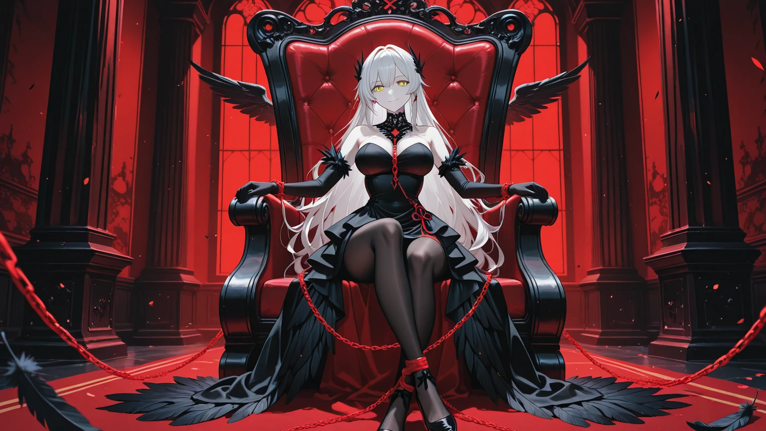 elizabeth rose bloodflame (hololive), Best quality,masterpiece,a high resolution,Adult female, businesswoman, mature female, skinny, nardack, visible breasts apart, visible collarbone, visible breasts apart, medium breast, holding cane, visible cane, white hair, lipstick, long hair, yellow eyes, black coat, long pant, black pant, thighs, bloodborne style, sitting on throne, legs crossed.